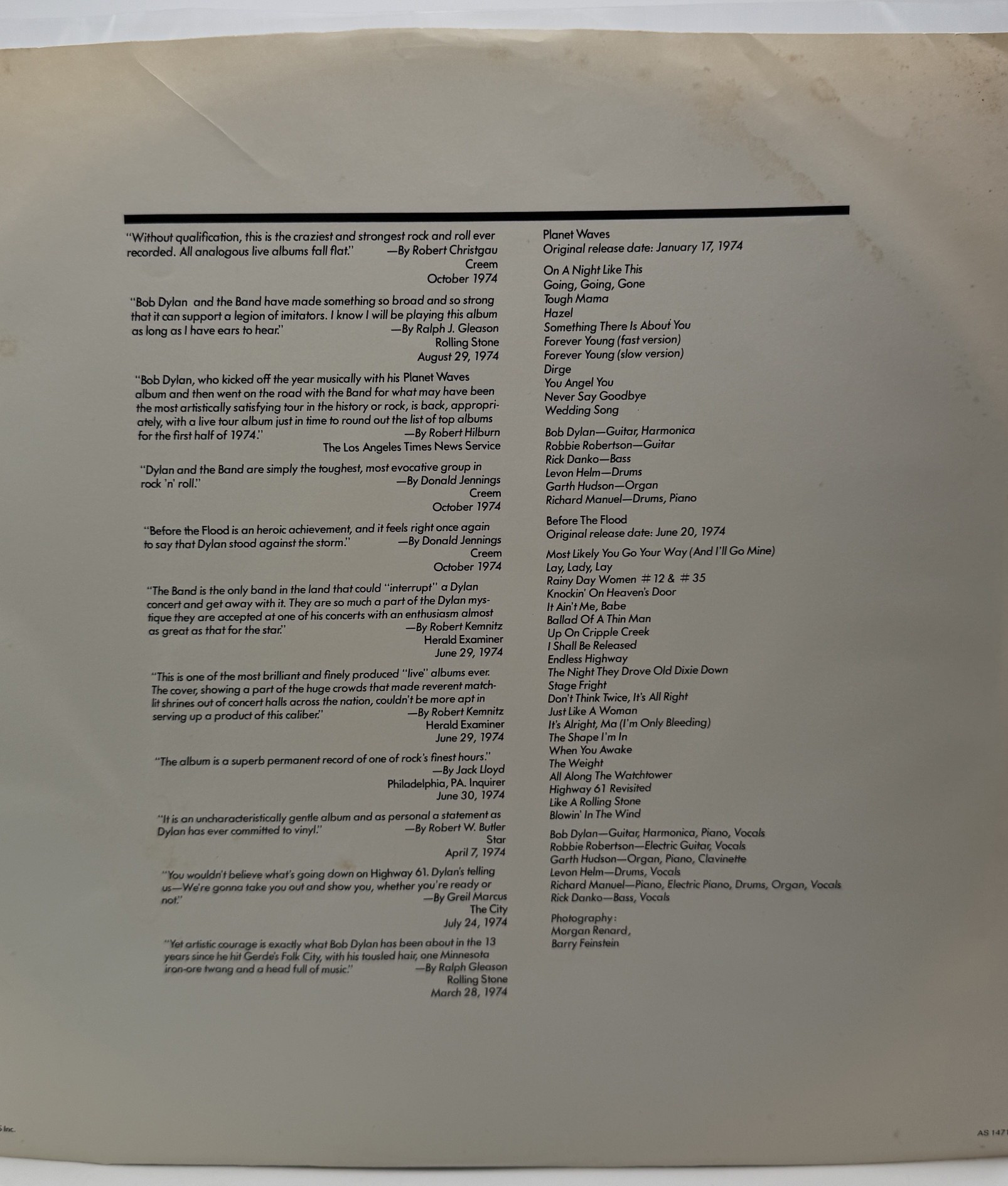 Bob Dylan Electric Lunch original custom promotional inner sleeve information side