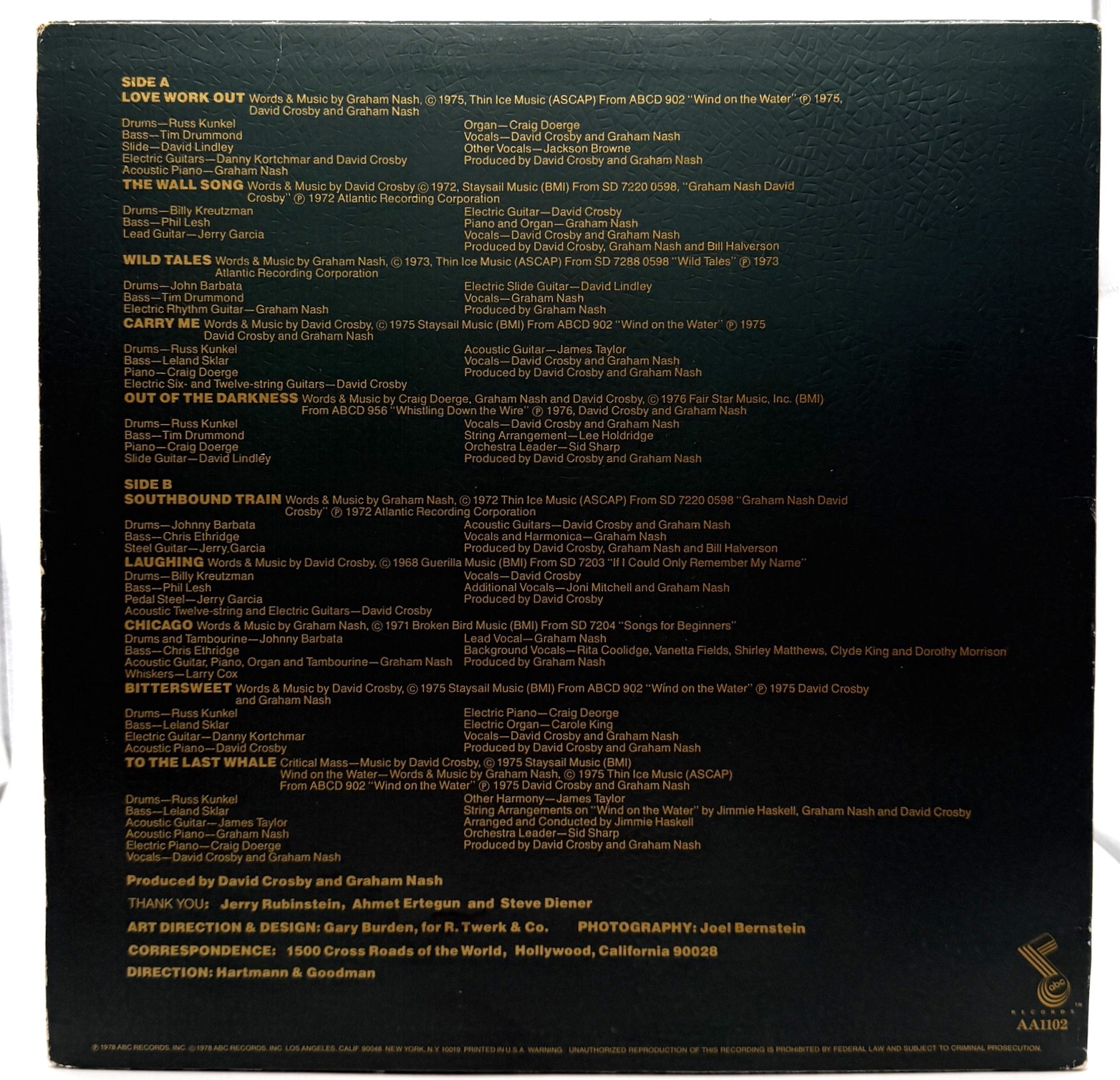 Crosby and Nash The Best of Crosby Nash rear cover with track listing and credits