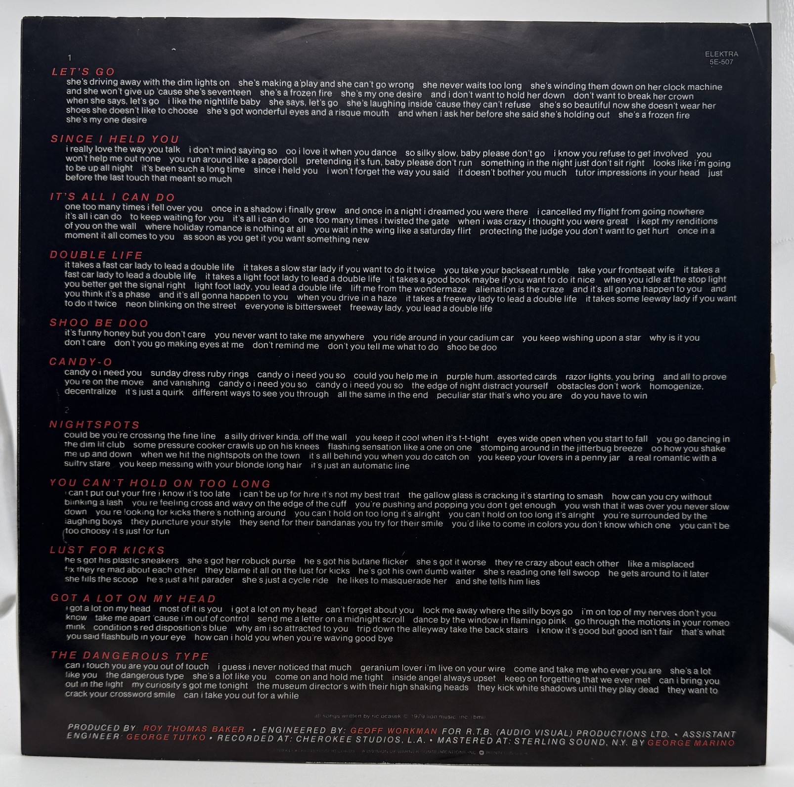 The Cars Candy-O original printed lyric inner sleeve back