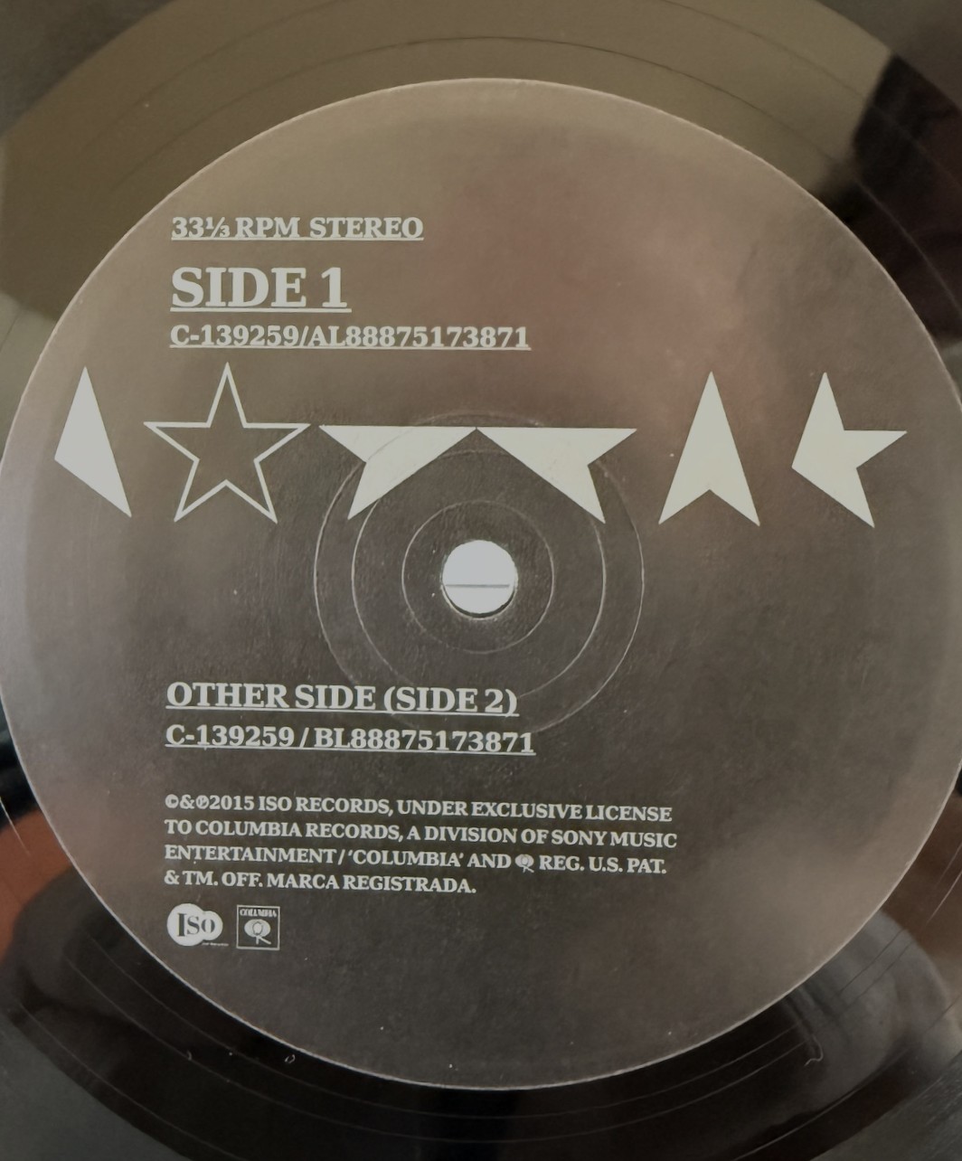 David Bowie Blackstar Side 1 label catalog 88875173871