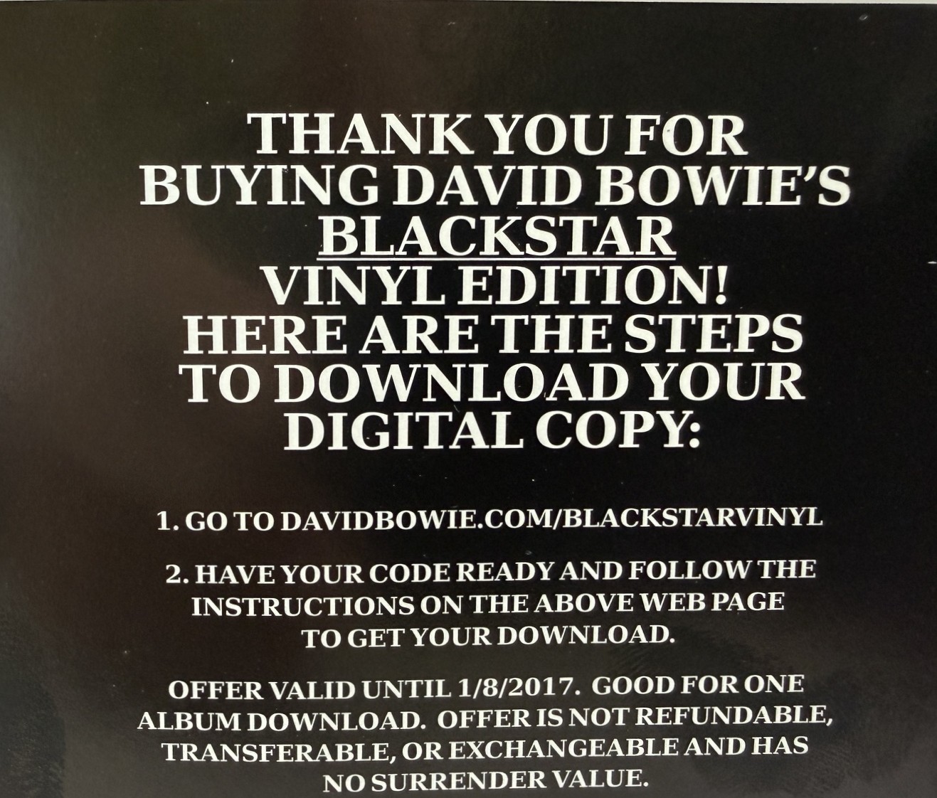 David Bowie Blackstar original digital download coupon card