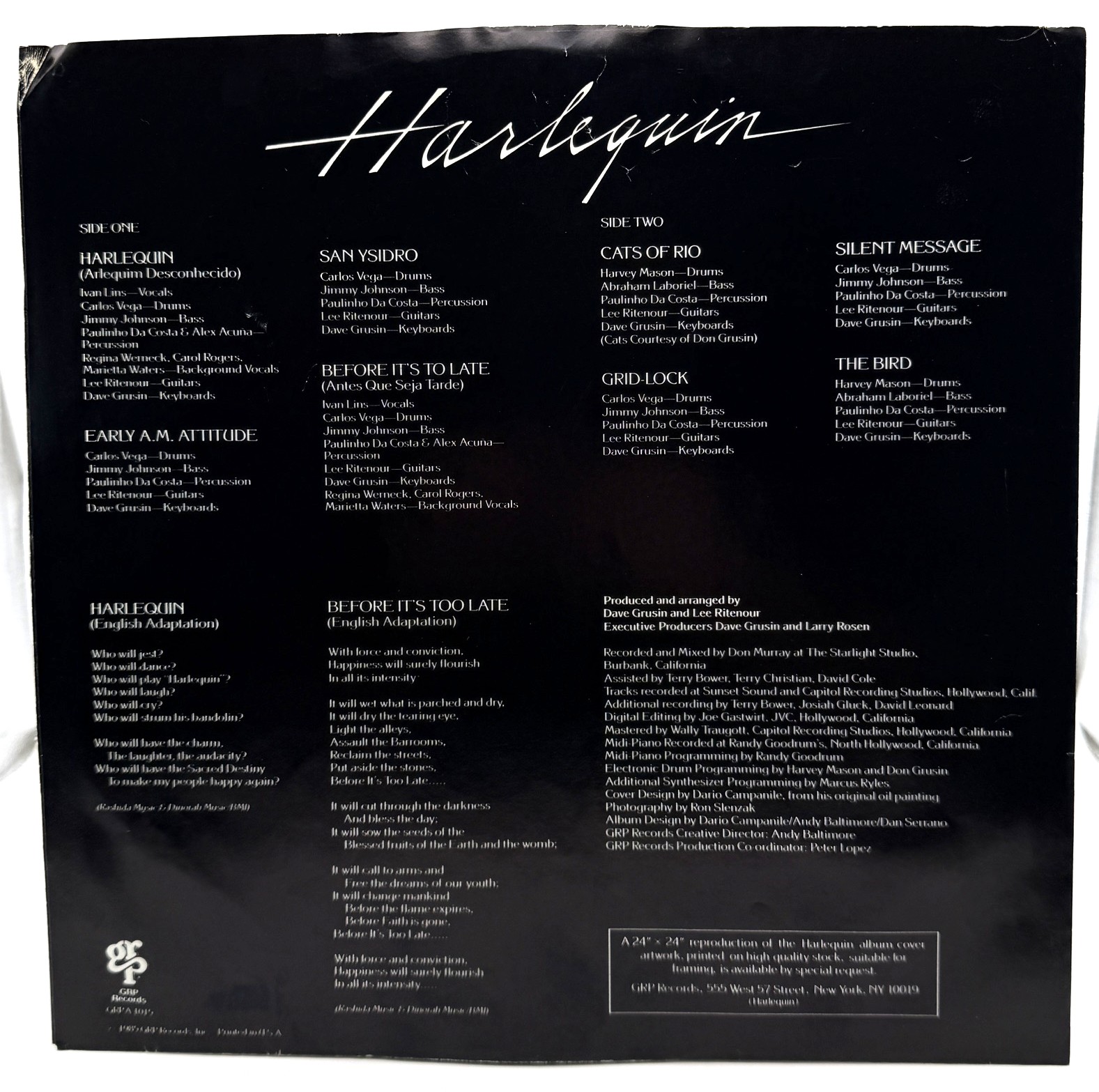 Harlequin original GRP printed inner sleeve with track credits and lyrics
