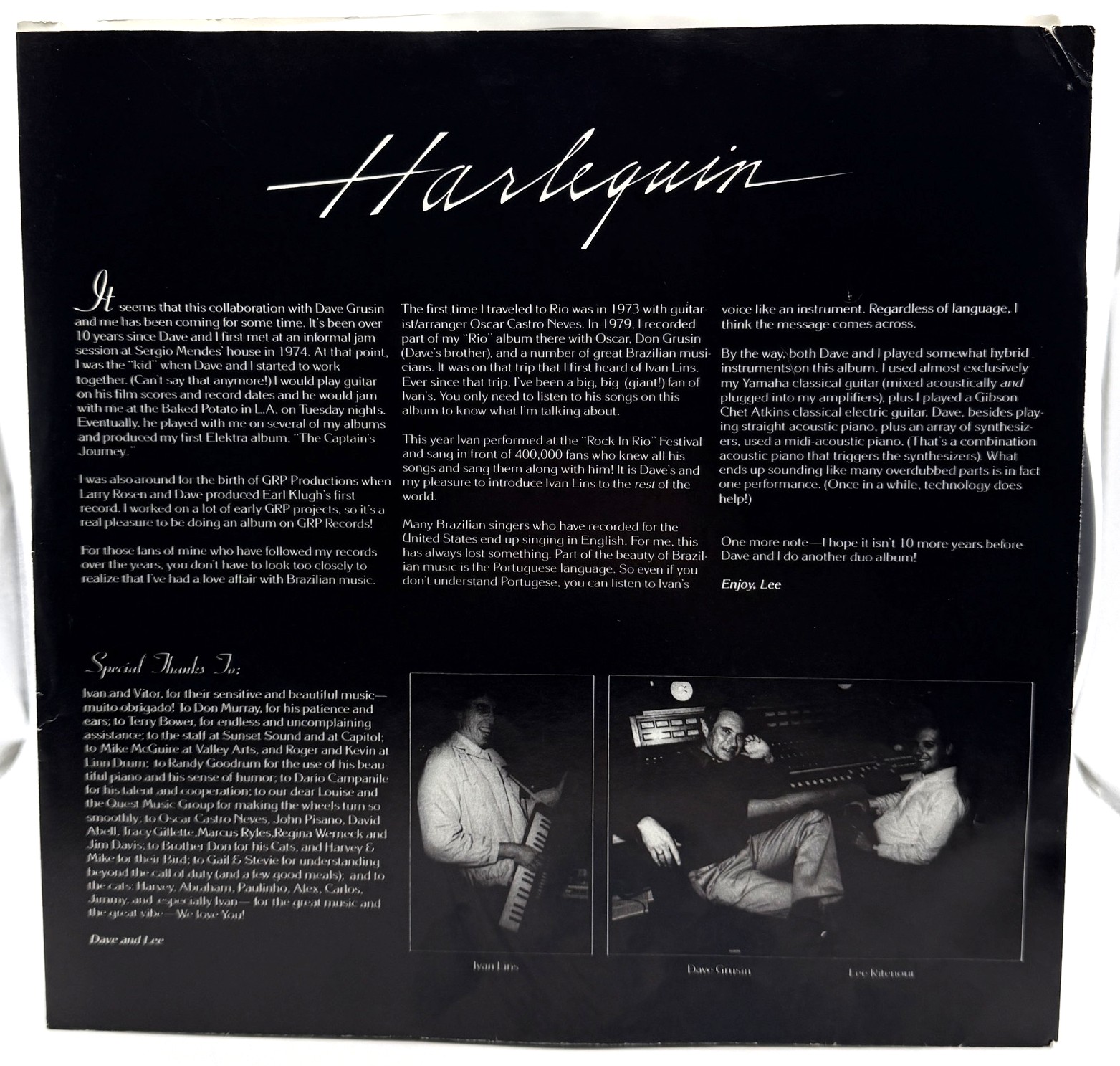 Harlequin original printed inner sleeve with Dave Grusin Lee Ritenour and Ivan Lins liner notes