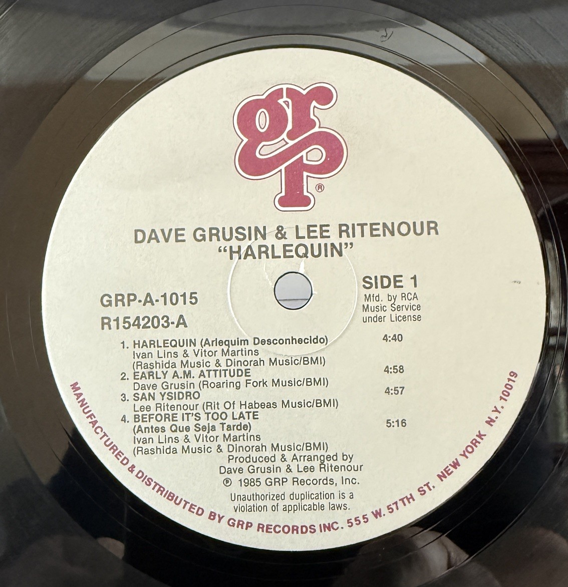 Harlequin 1985 GRP RCA Music Service Side 1 record label