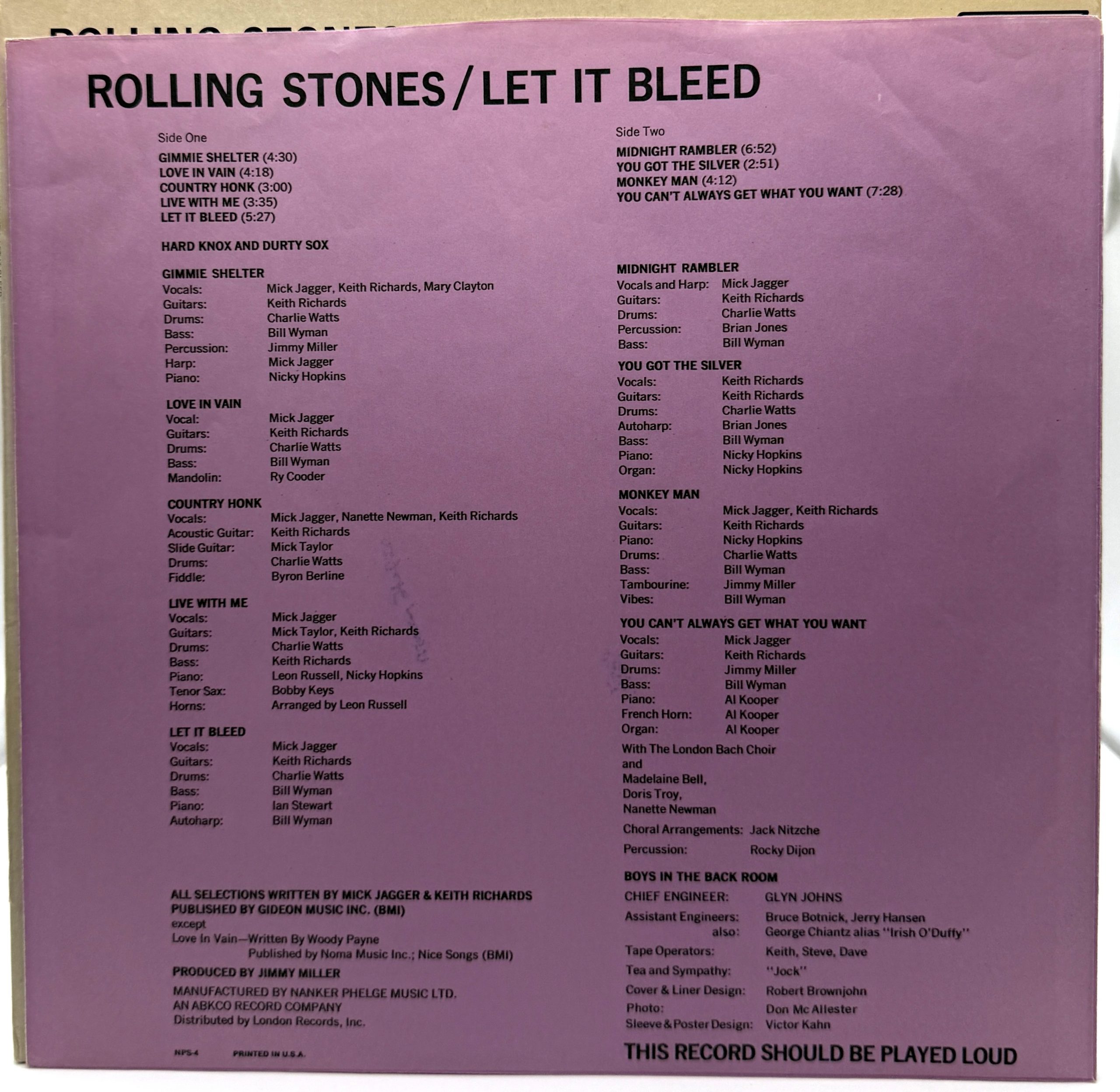 Rolling Stones Let It Bleed original lilac custom credits inner sleeve