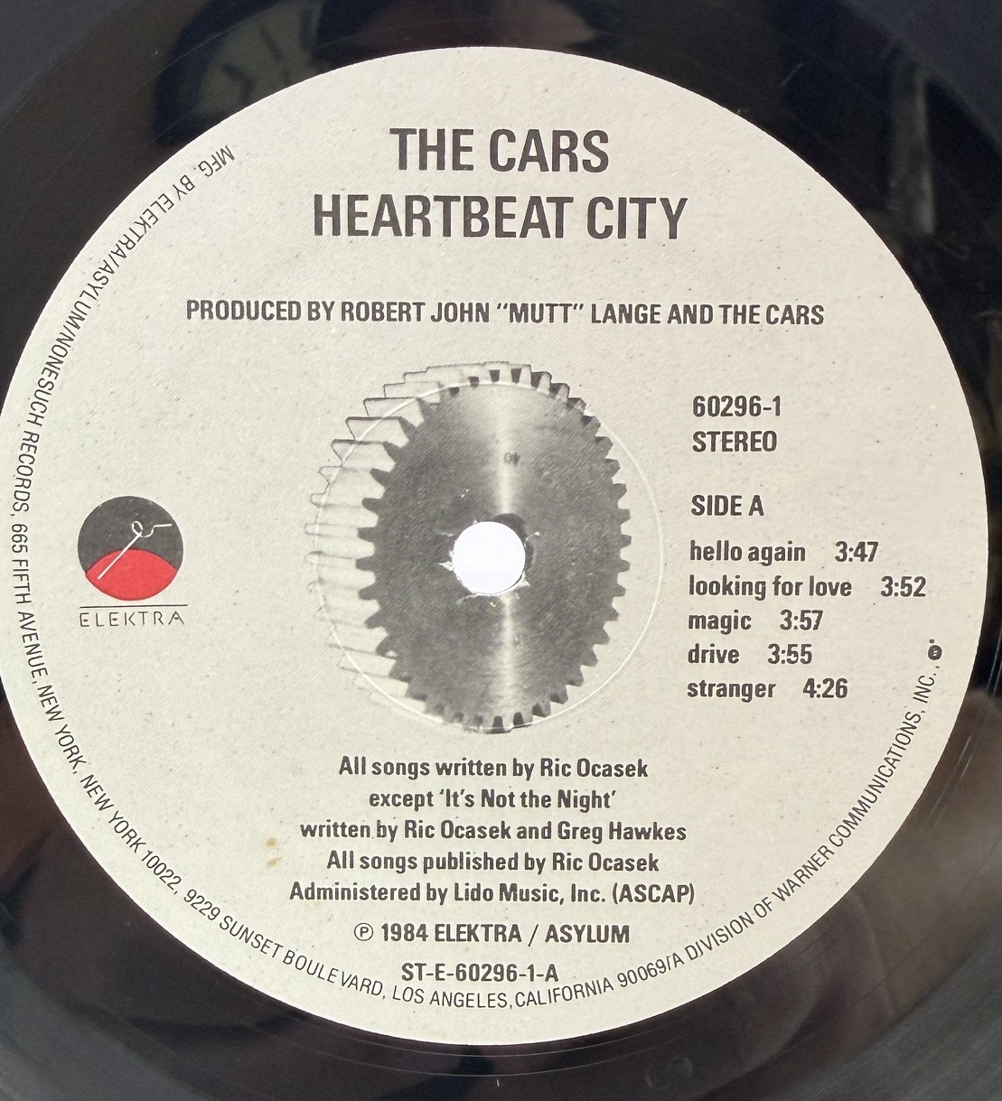 The Cars Heartbeat City Elektra 60296-1 Side A label