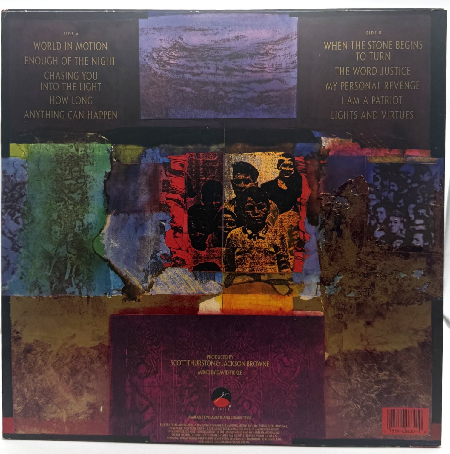 Jackson Browne World in Motion 1989 vinyl LP back cover and track listing