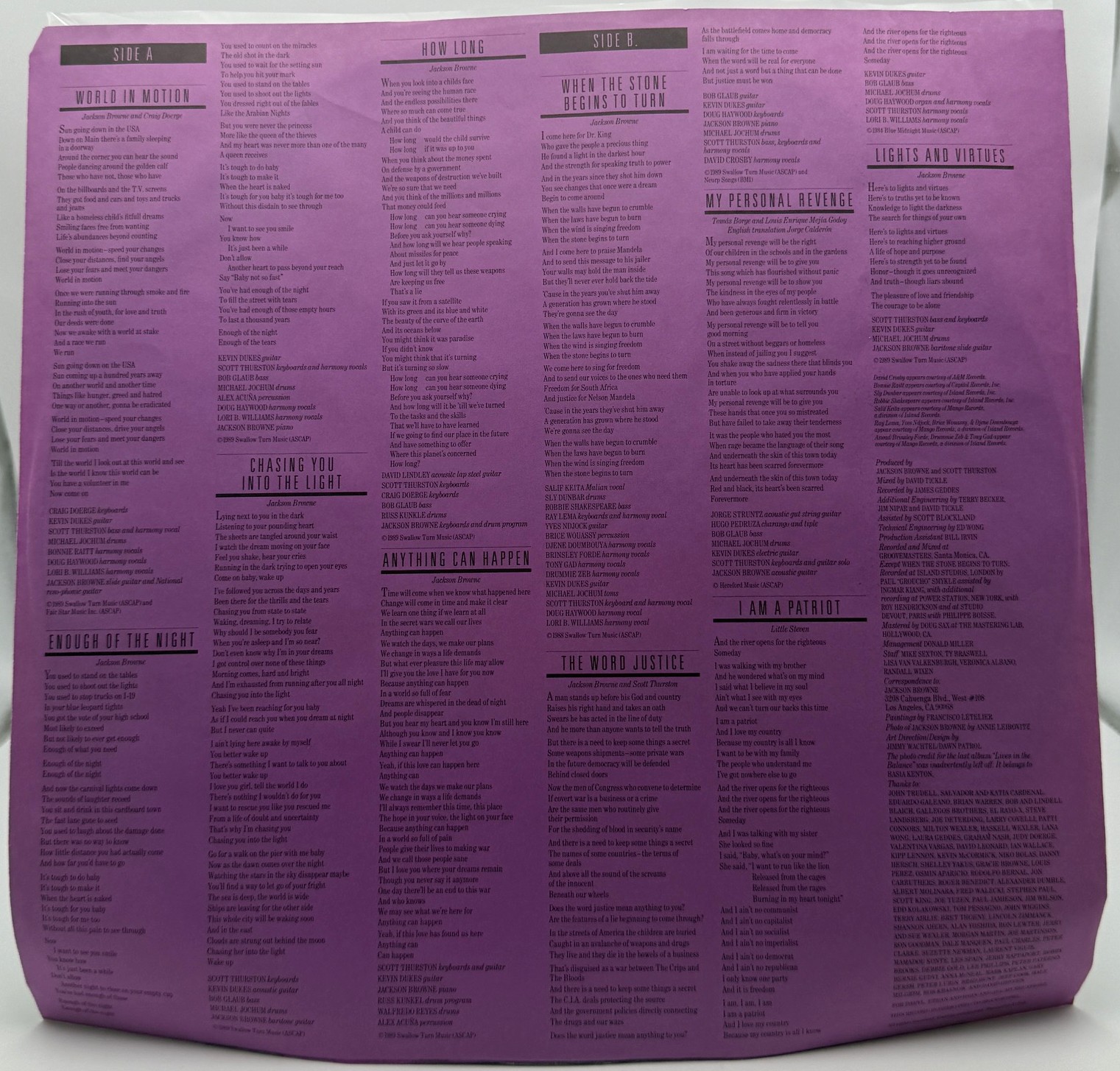 Jackson Browne World in Motion original lyric and credit inner sleeve