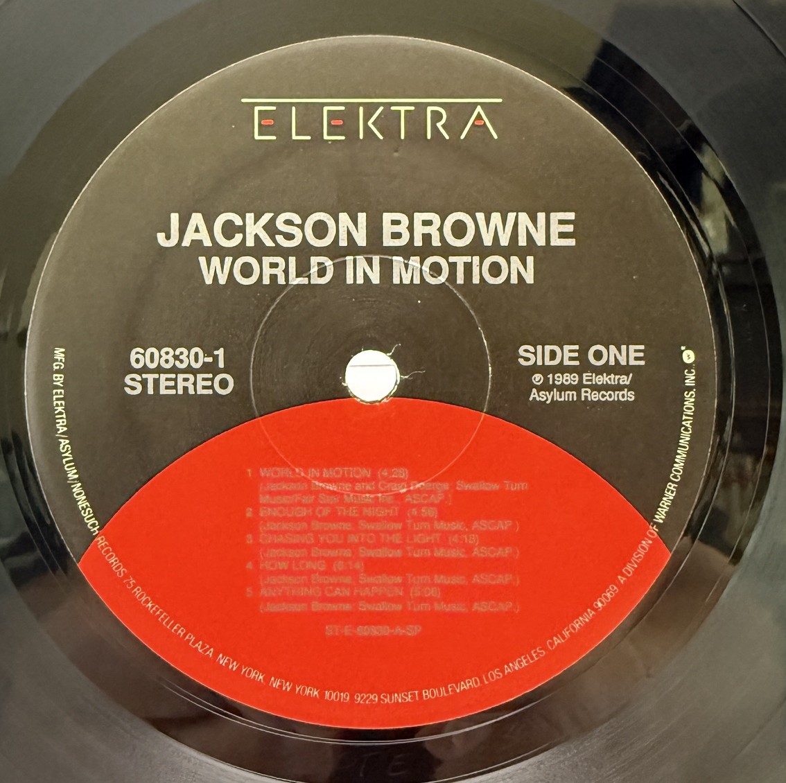 Jackson Browne World in Motion Elektra 60830-1 Side One label