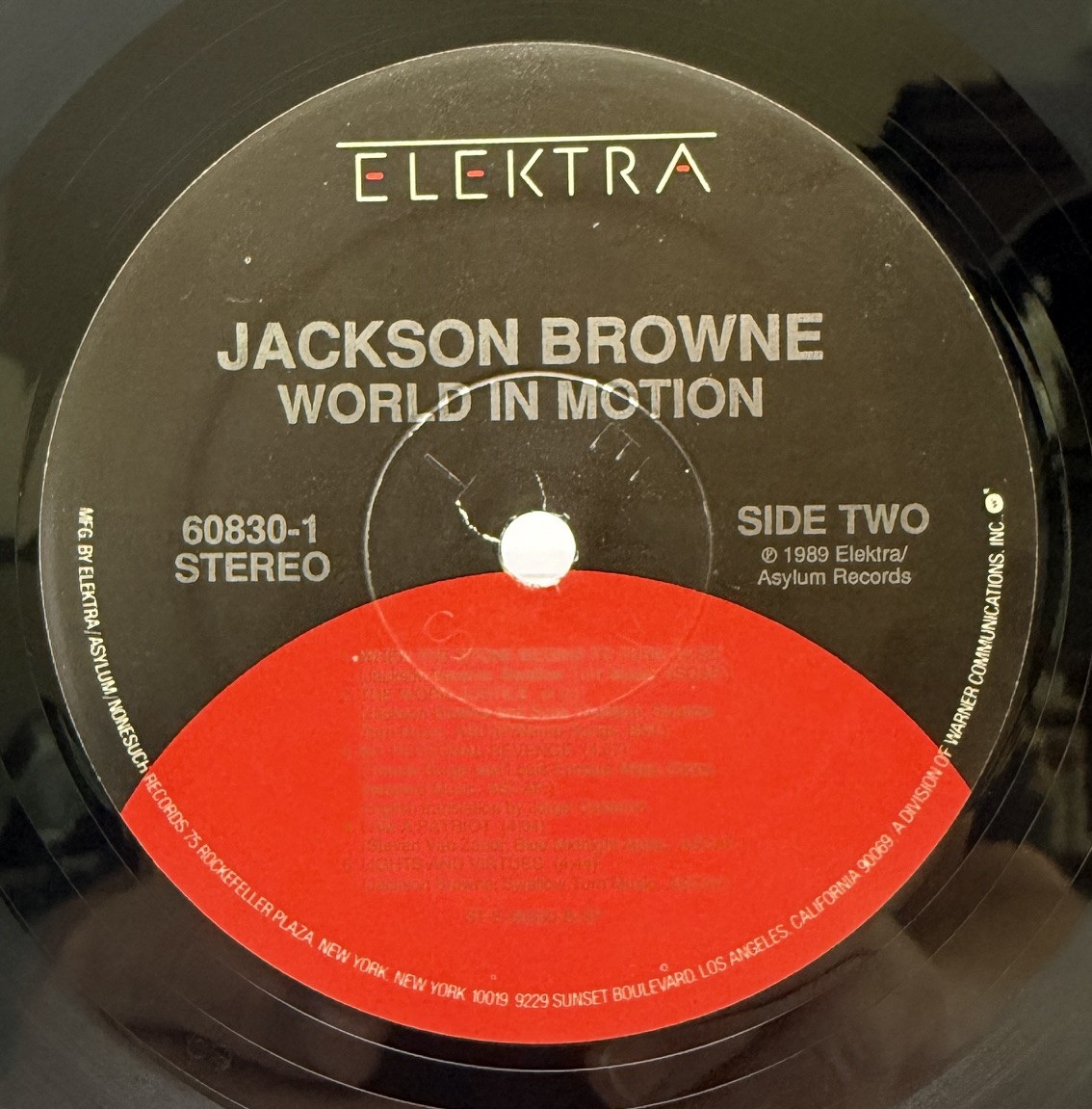 Jackson Browne World in Motion Elektra 60830-1 Side Two label