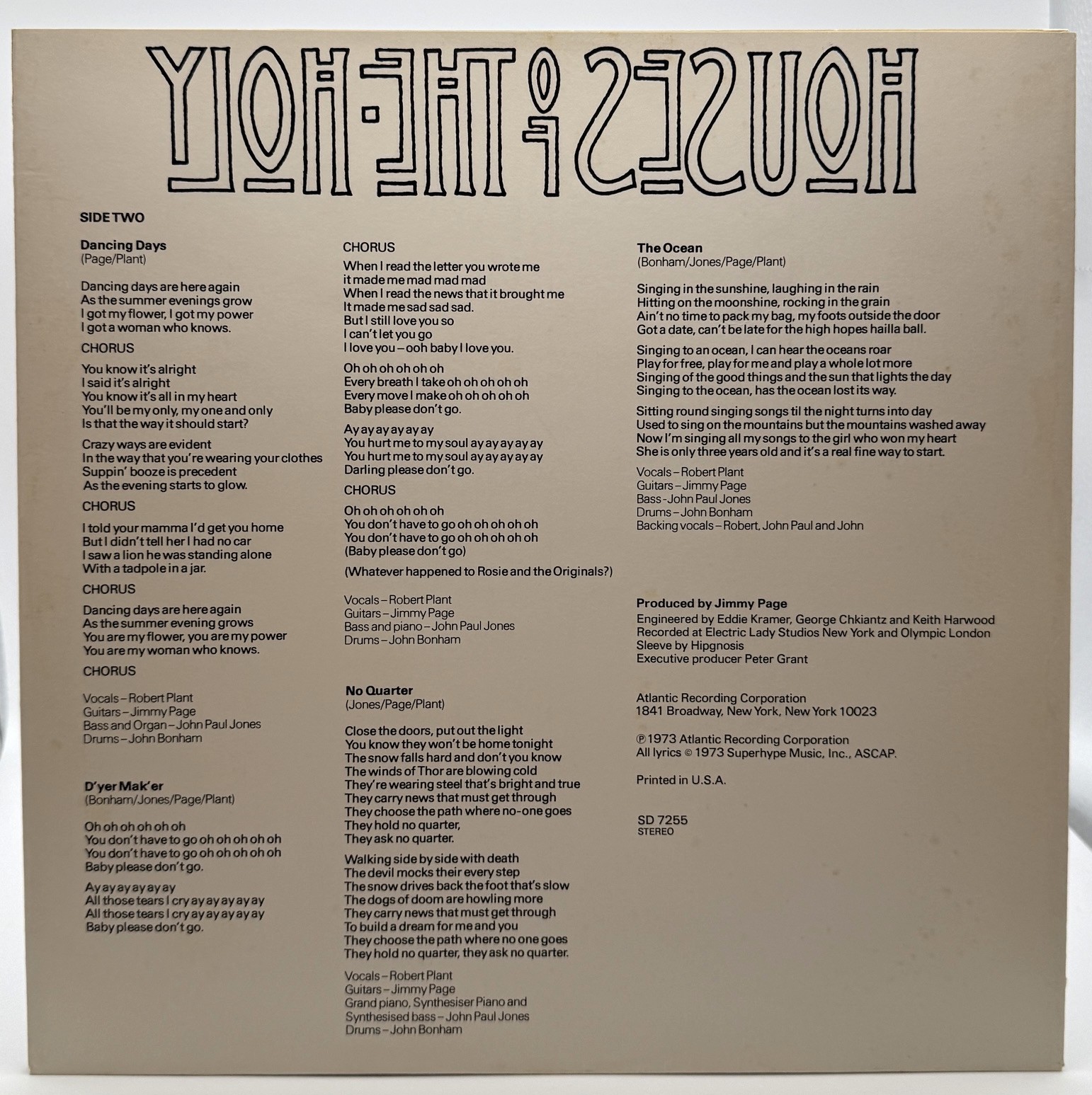Led Zeppelin Houses of the Holy original Side Two lyric inner sleeve