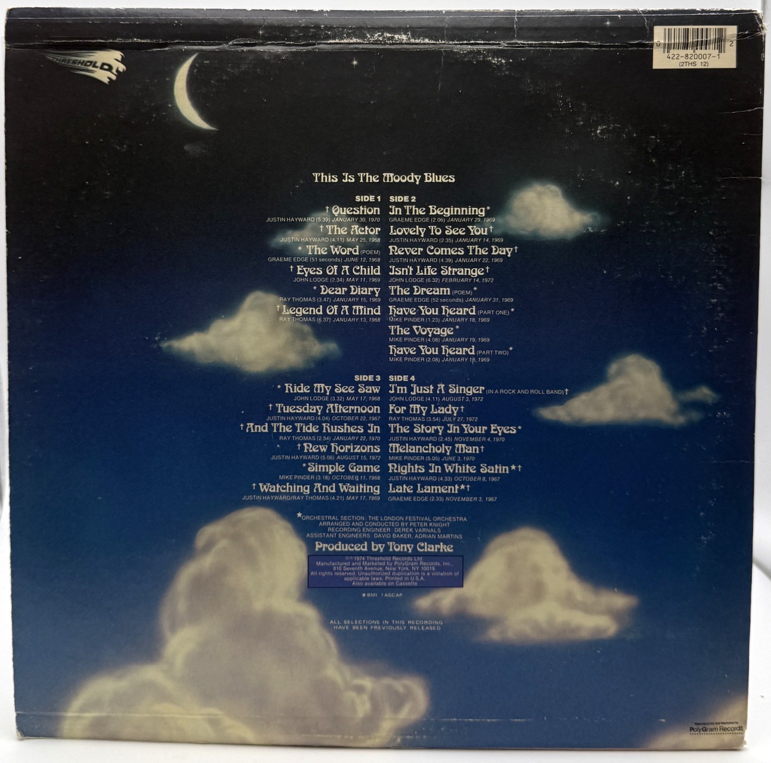 The Moody Blues This Is The Moody Blues 1984 Threshold vinyl back cover and track listing