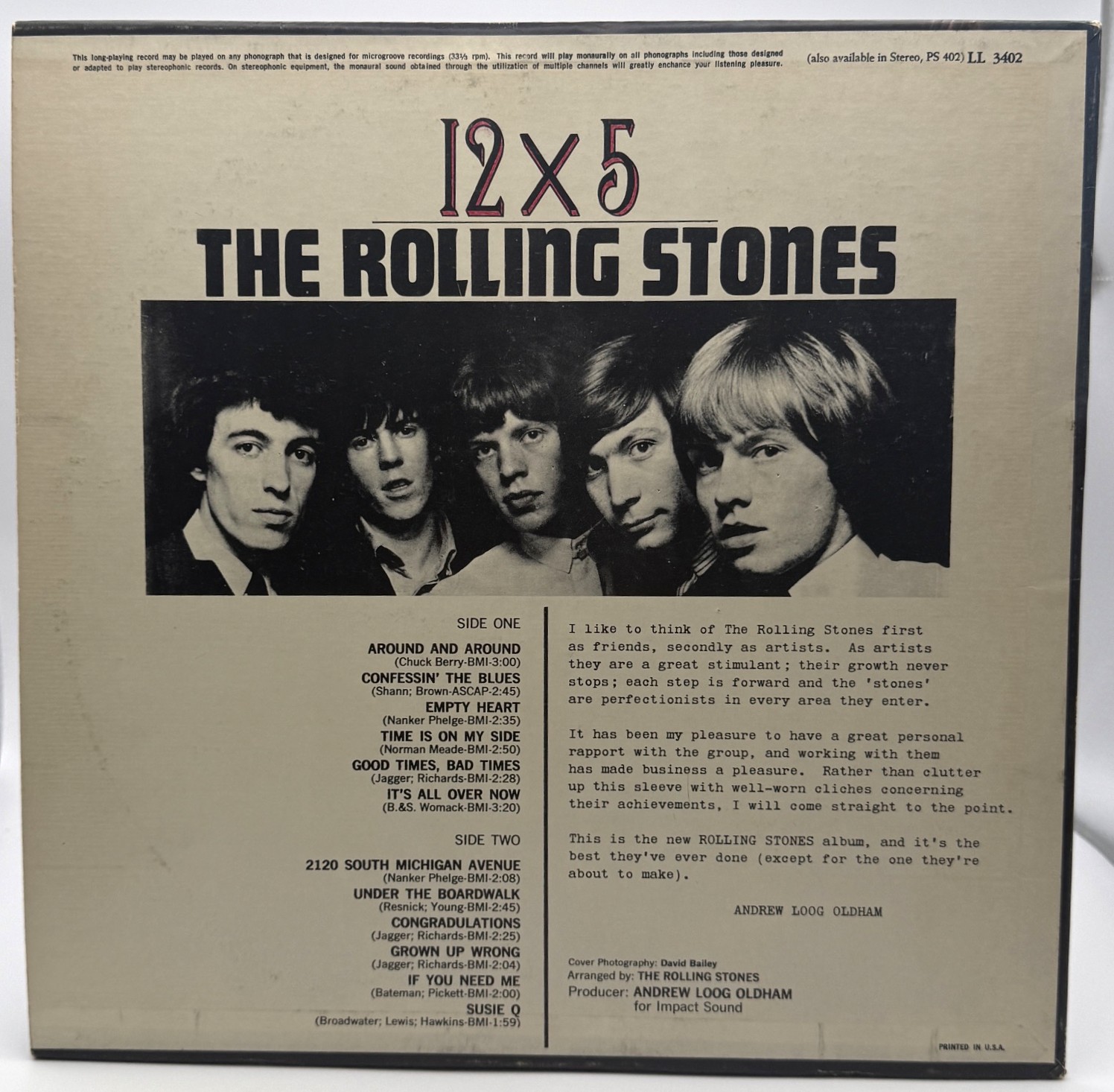 Rolling Stones 12 X 5 mono LP original back cover