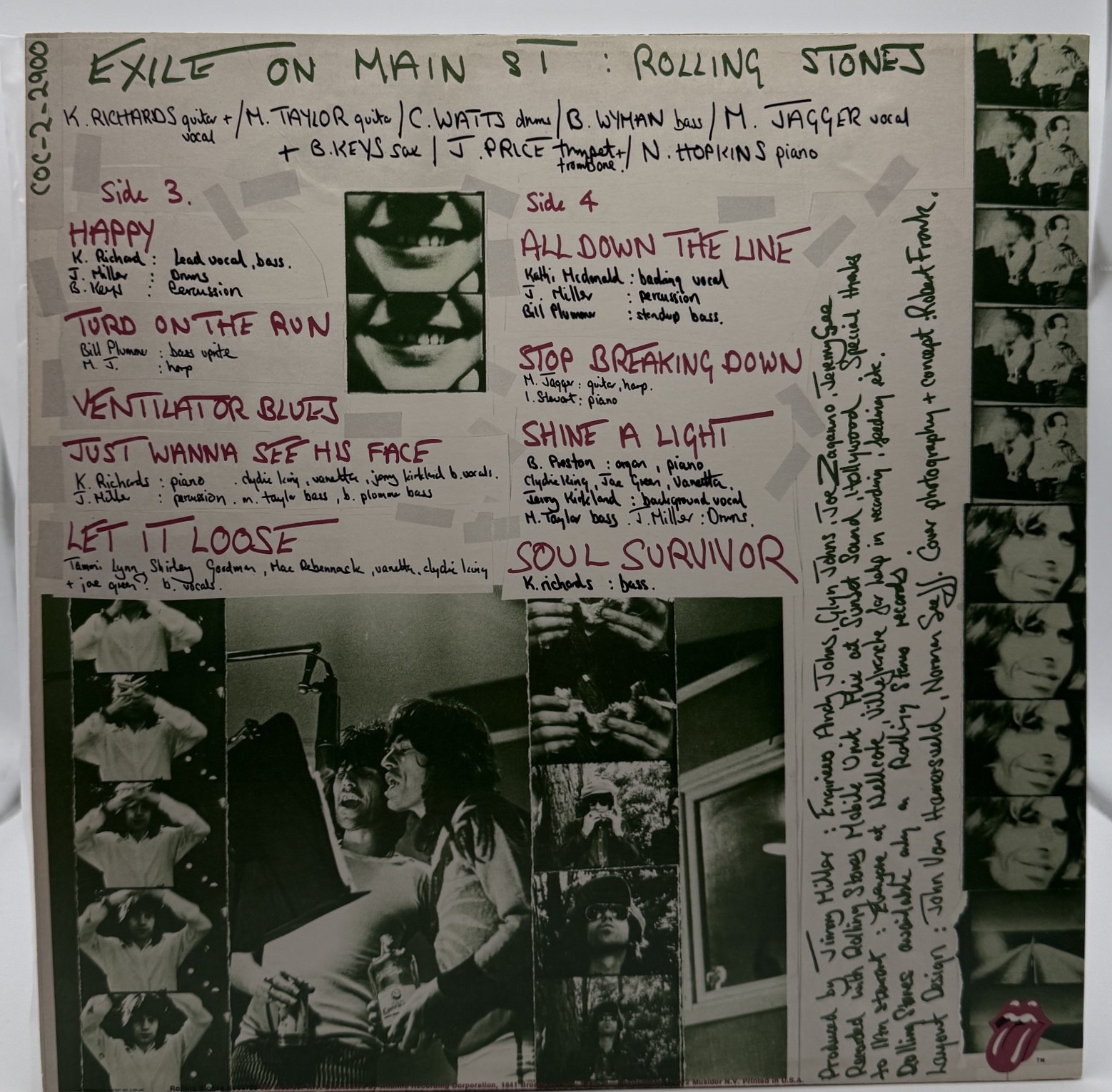 Rolling Stones Exile on Main St original printed inner sleeve sides three and four
