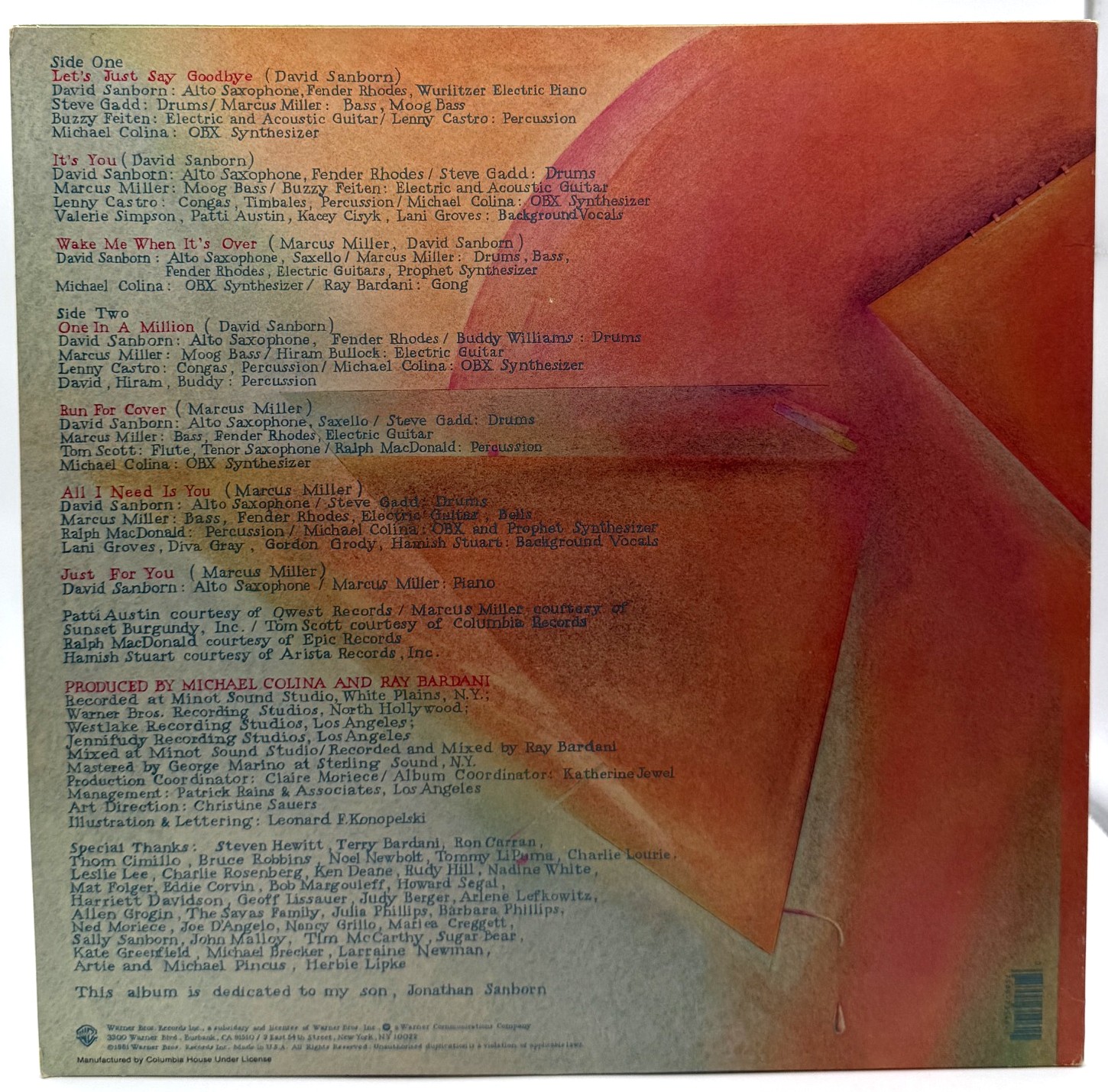 David Sanborn Voyeur vinyl LP back cover with track listing and musician credits