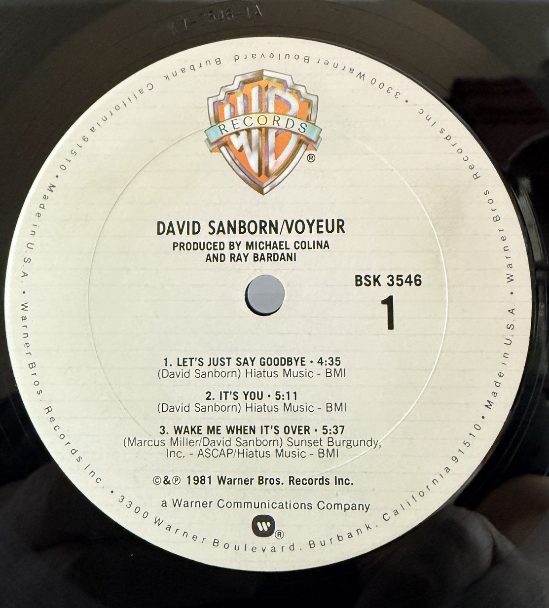 David Sanborn Voyeur BSK 3546 Warner Bros. Side 1 record label