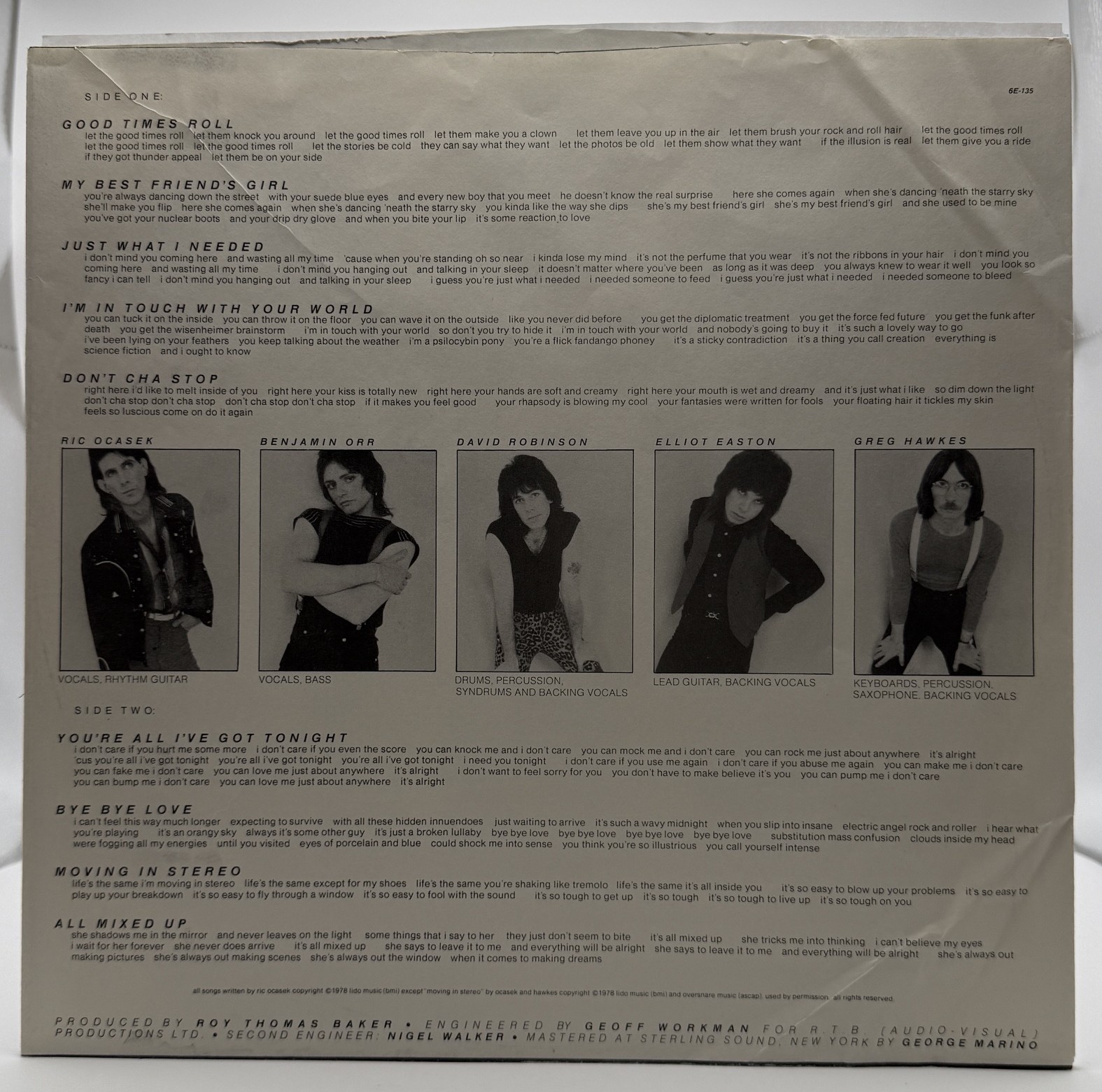 The Cars original photo and lyric inner sleeve