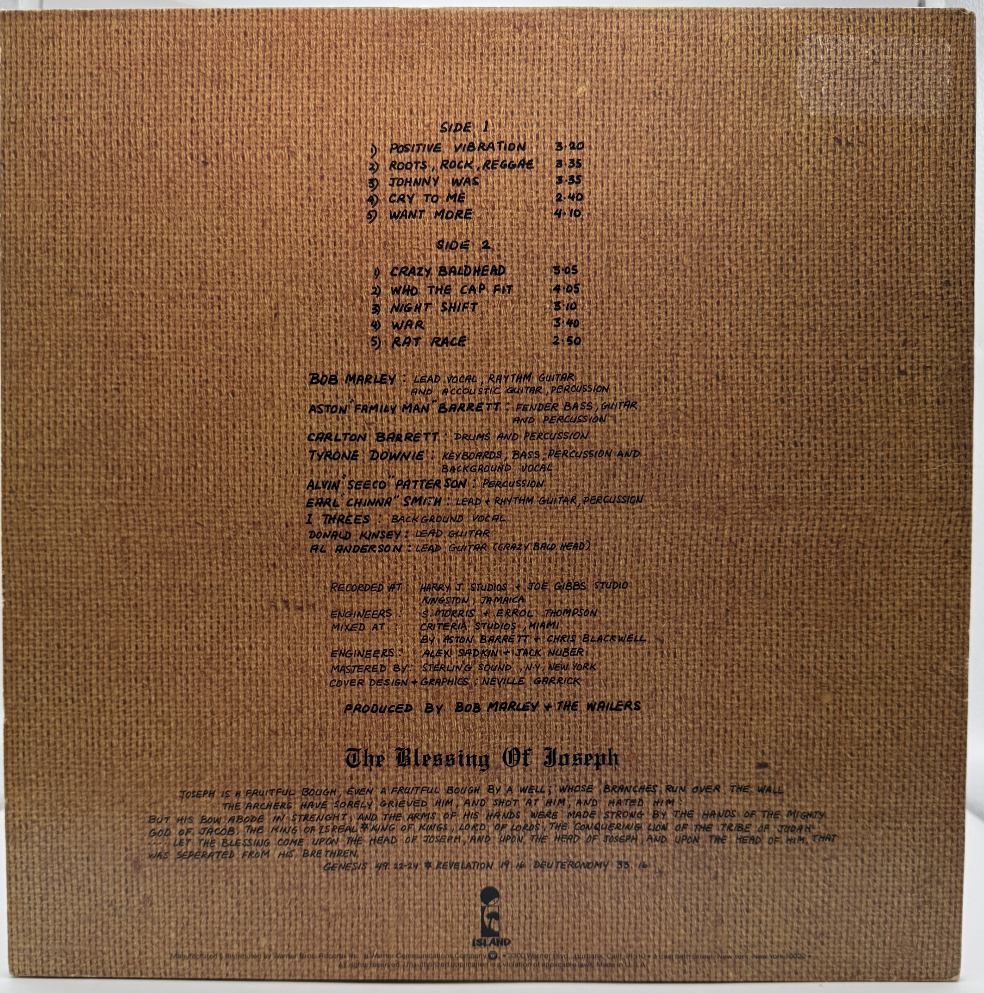 Photo 2: Rastaman Vibration 1979 rear cover with track listing and credits