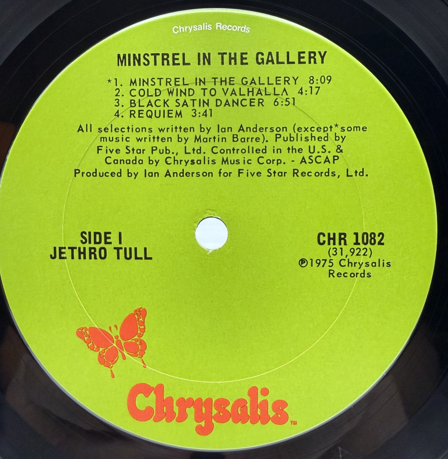Jethro Tull Minstrel in the Gallery Chrysalis CHR 1082 Side One label