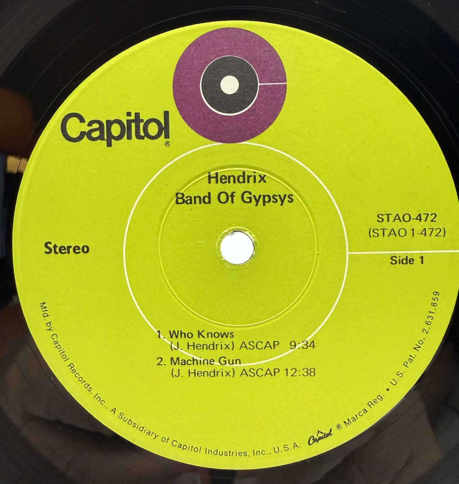 Jimi Hendrix Band of Gypsys Capitol STAO-472 green Side 1 record label