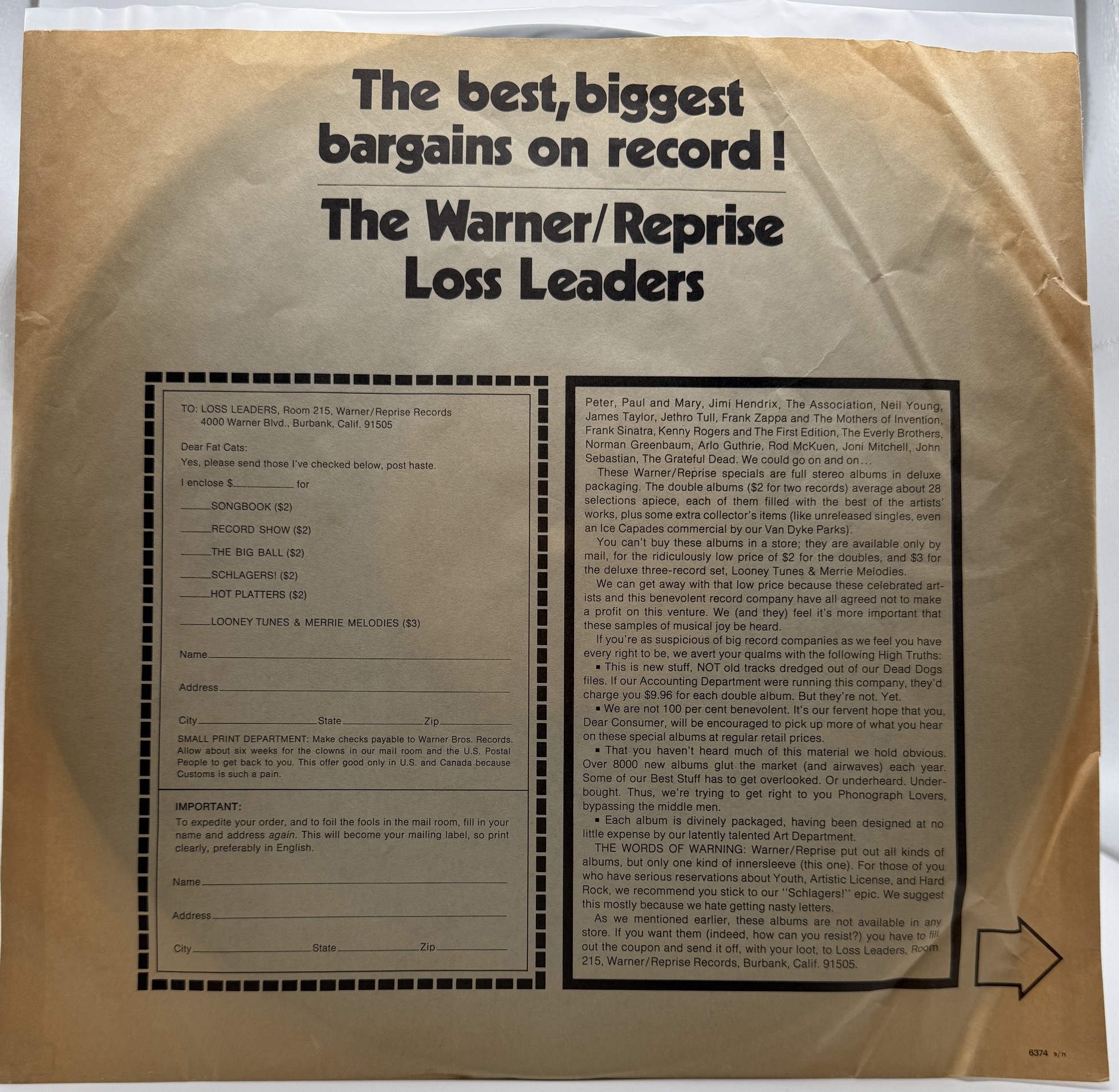 Original Warner Reprise Loss Leaders advertising inner sleeve included with Jimi Hendrix The Cry of Love