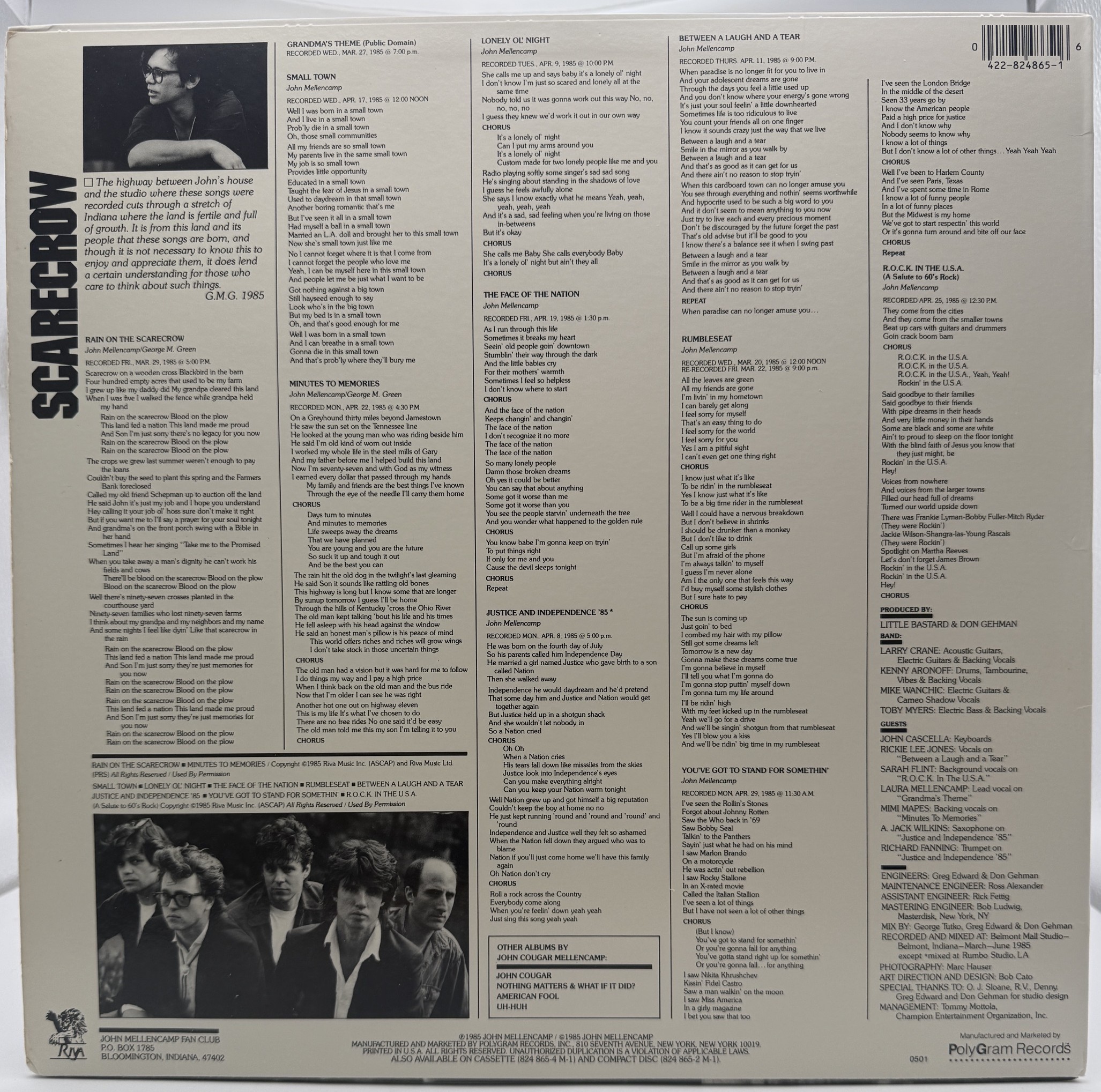 John Cougar Mellencamp Scarecrow 1985 LP rear cover with credits and track listing