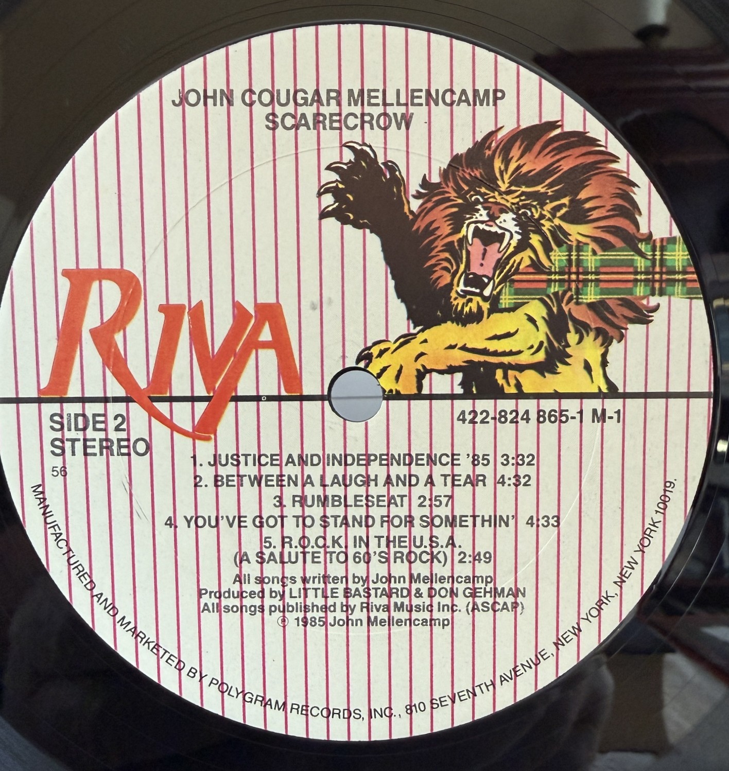 John Cougar Mellencamp Scarecrow Riva Side 2 label MASTERDISK RL pressing
