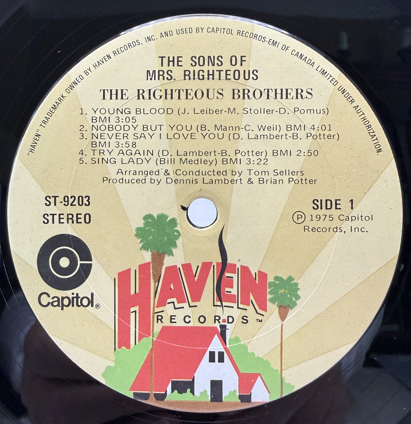 The Righteous Brothers The Sons of Mrs Righteous Haven ST-9203 Side 1 label