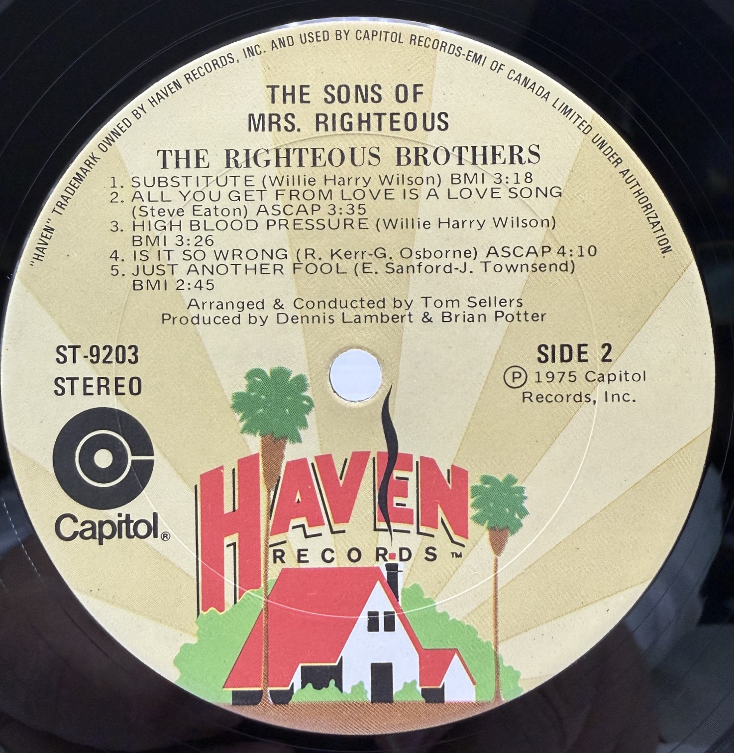 The Righteous Brothers The Sons of Mrs Righteous Haven ST-9203 Side 2 label
