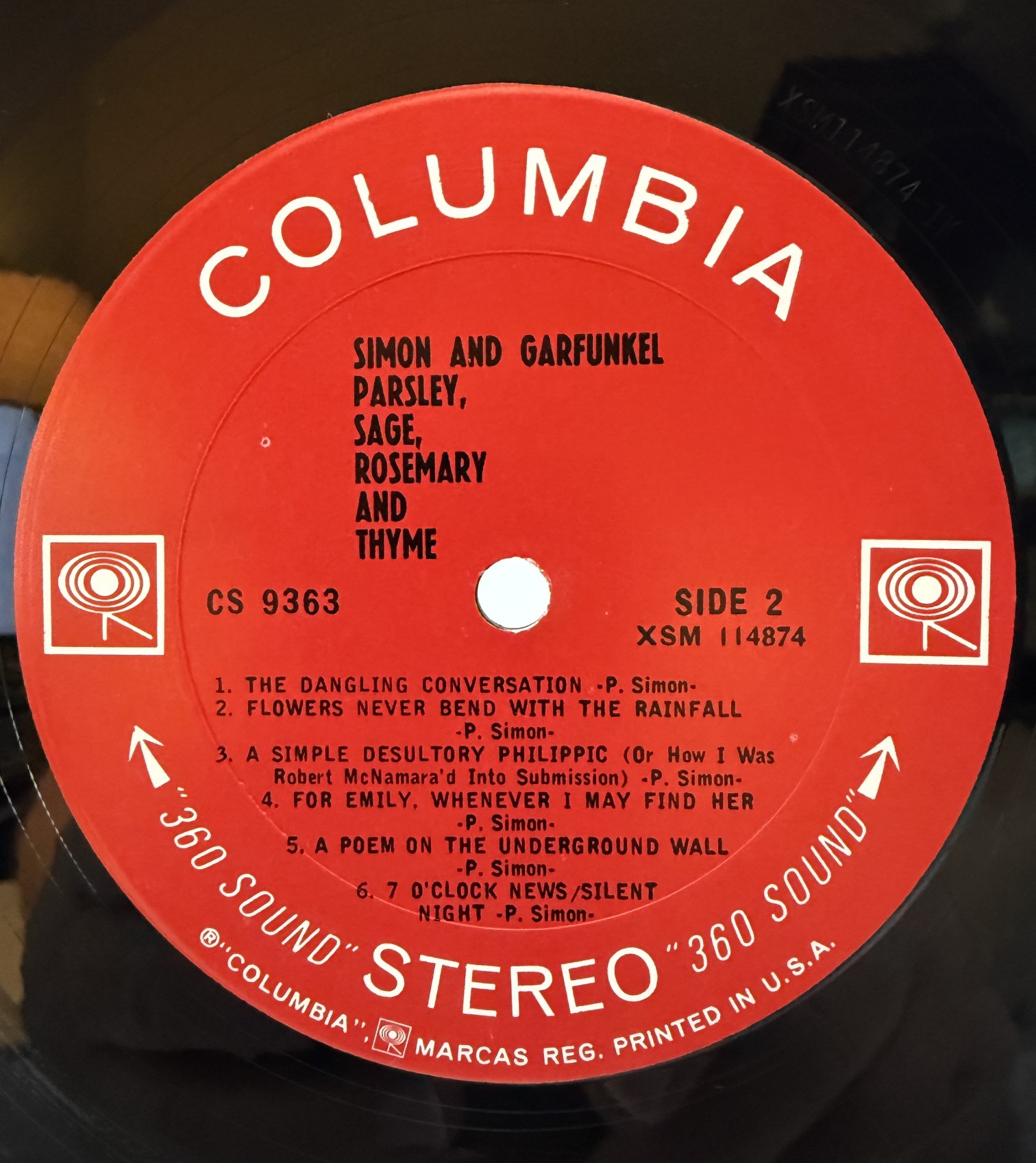 Simon & Garfunkel Parsley Sage Rosemary and Thyme Columbia 360 Sound Side 2 label