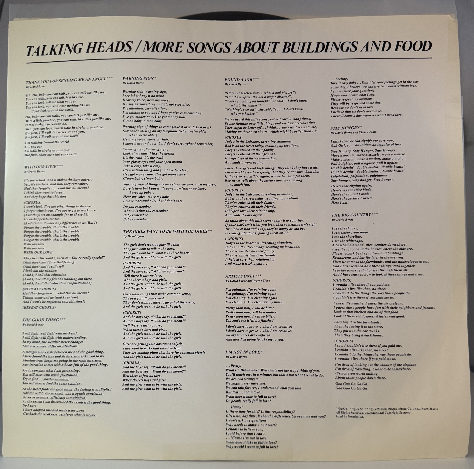 Talking Heads More Songs About Buildings and Food original printed lyric inner sleeve