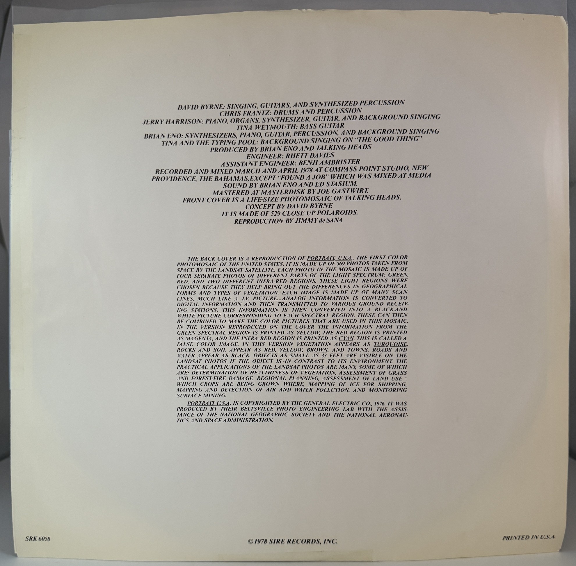 Talking Heads More Songs About Buildings and Food original inner sleeve credits