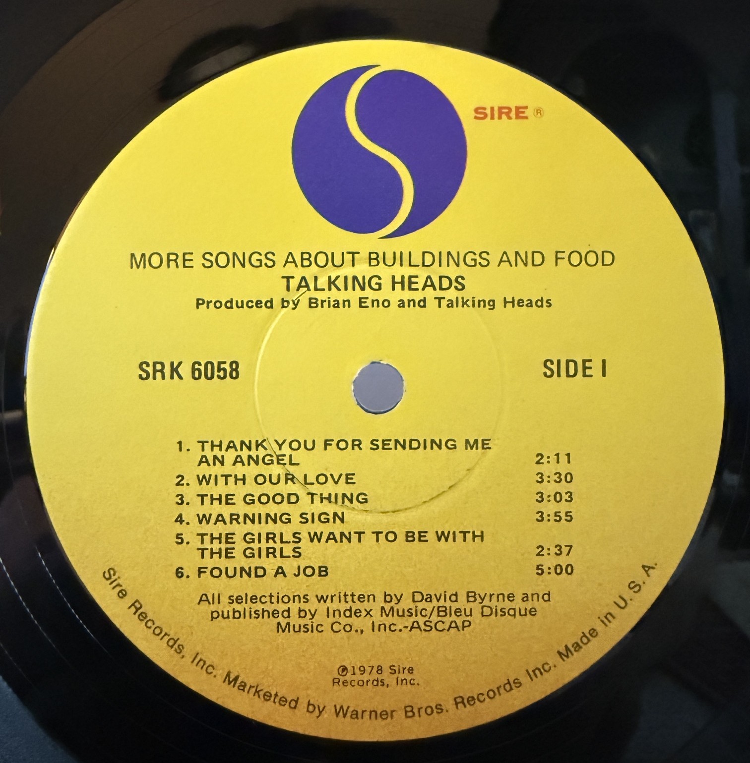 Talking Heads More Songs About Buildings and Food Sire SRK 6058 Side 1 label