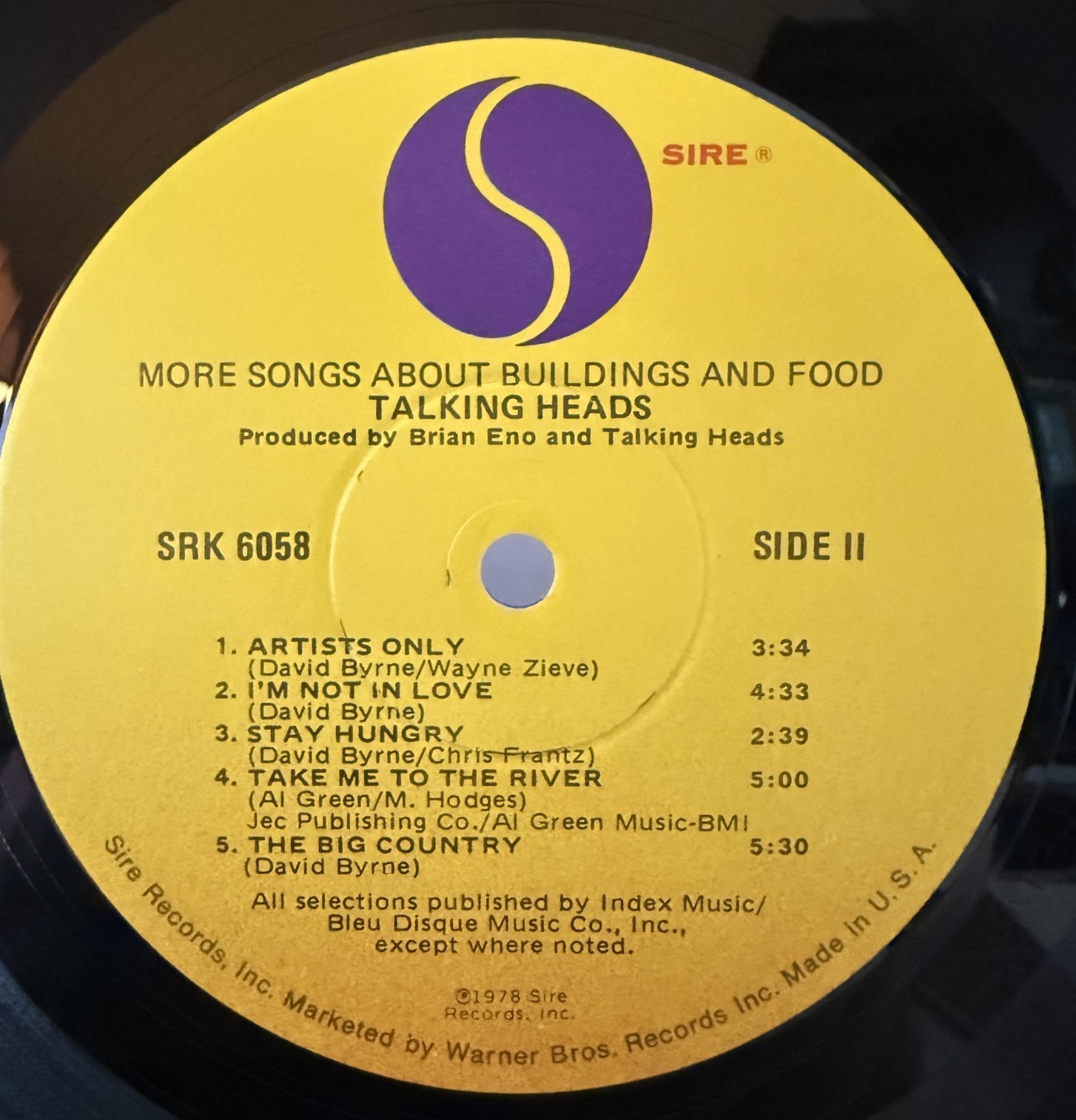Talking Heads More Songs About Buildings and Food Sire SRK 6058 Side 2 label