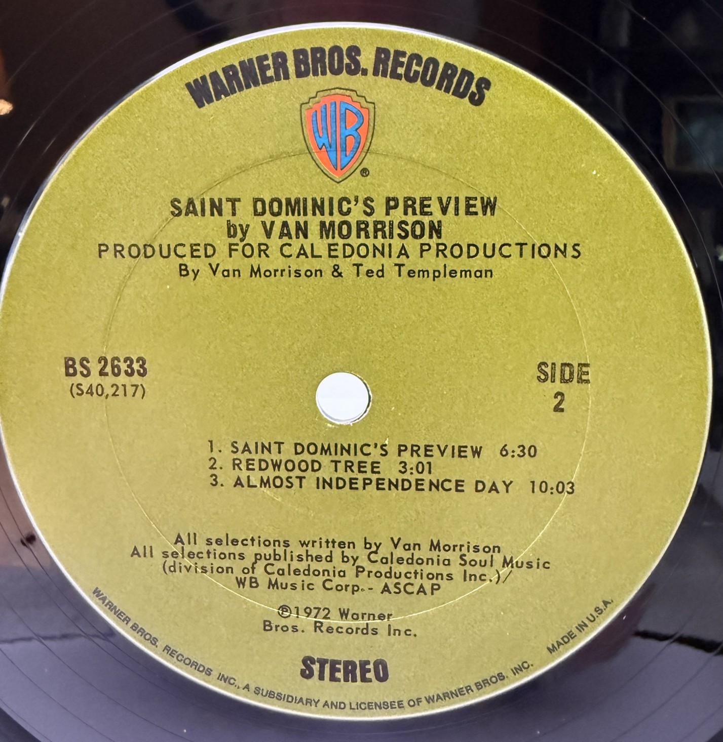 Van Morrison Saint Dominic's Preview Warner Bros green Side 2 label