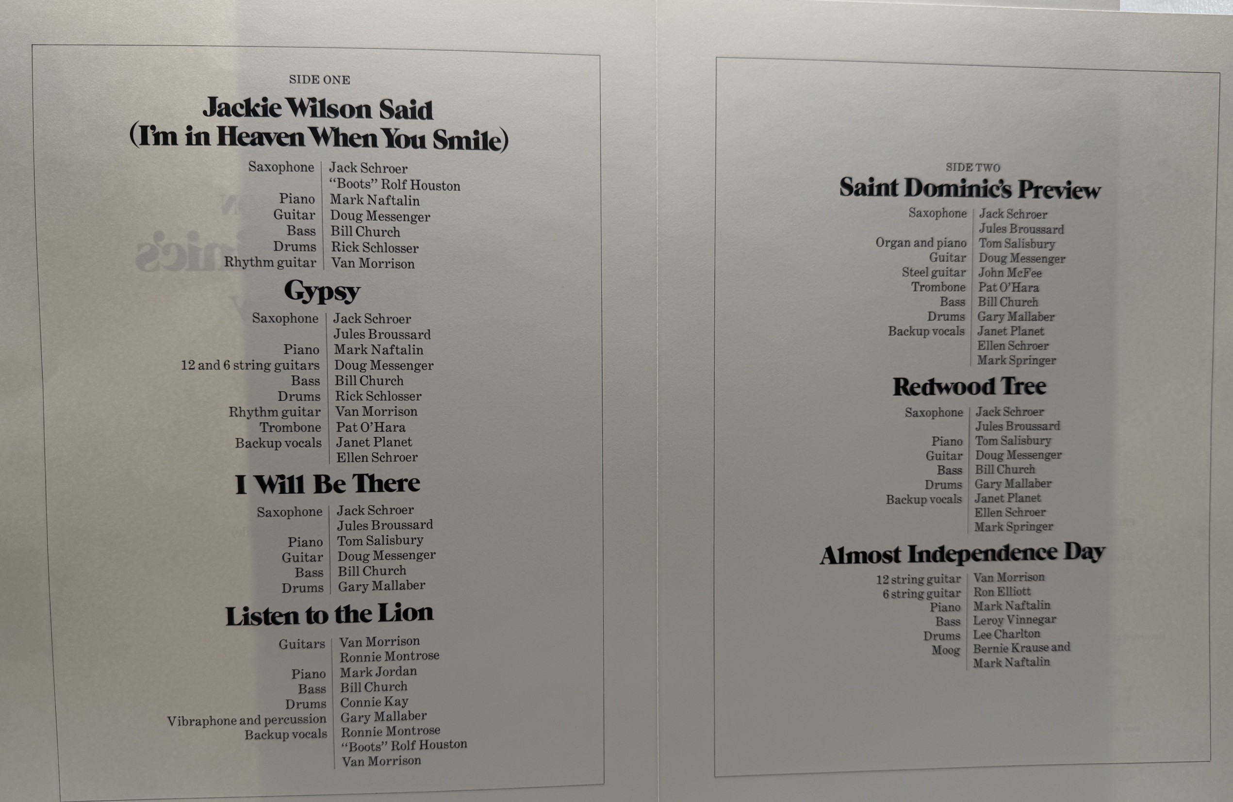 Saint Dominic's Preview original insert musician and song credits