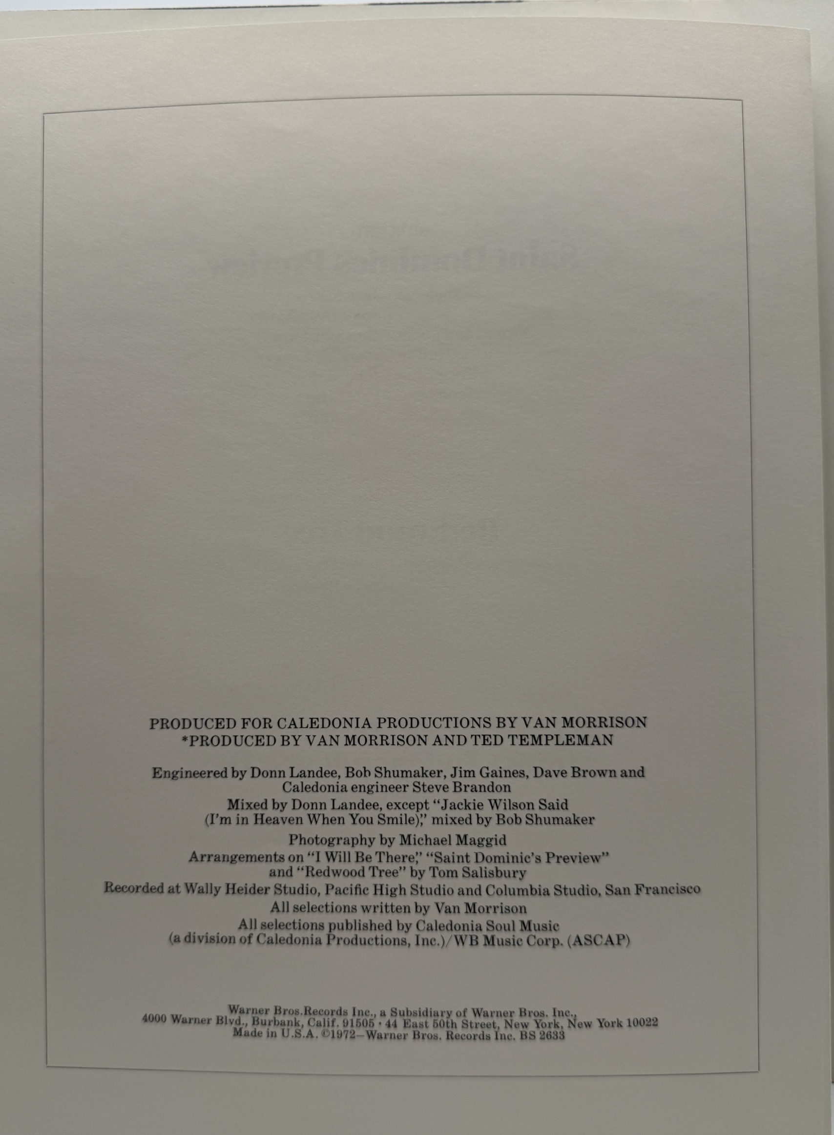 Saint Dominic's Preview original insert production and recording credits