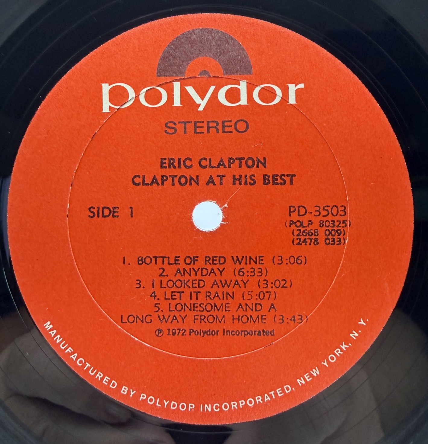 Eric Clapton At His Best 1972 Polydor Side 1 label PD-3503
