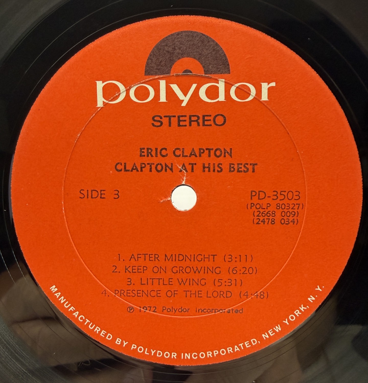 Eric Clapton At His Best 1972 Polydor Side 3 label PD-3503