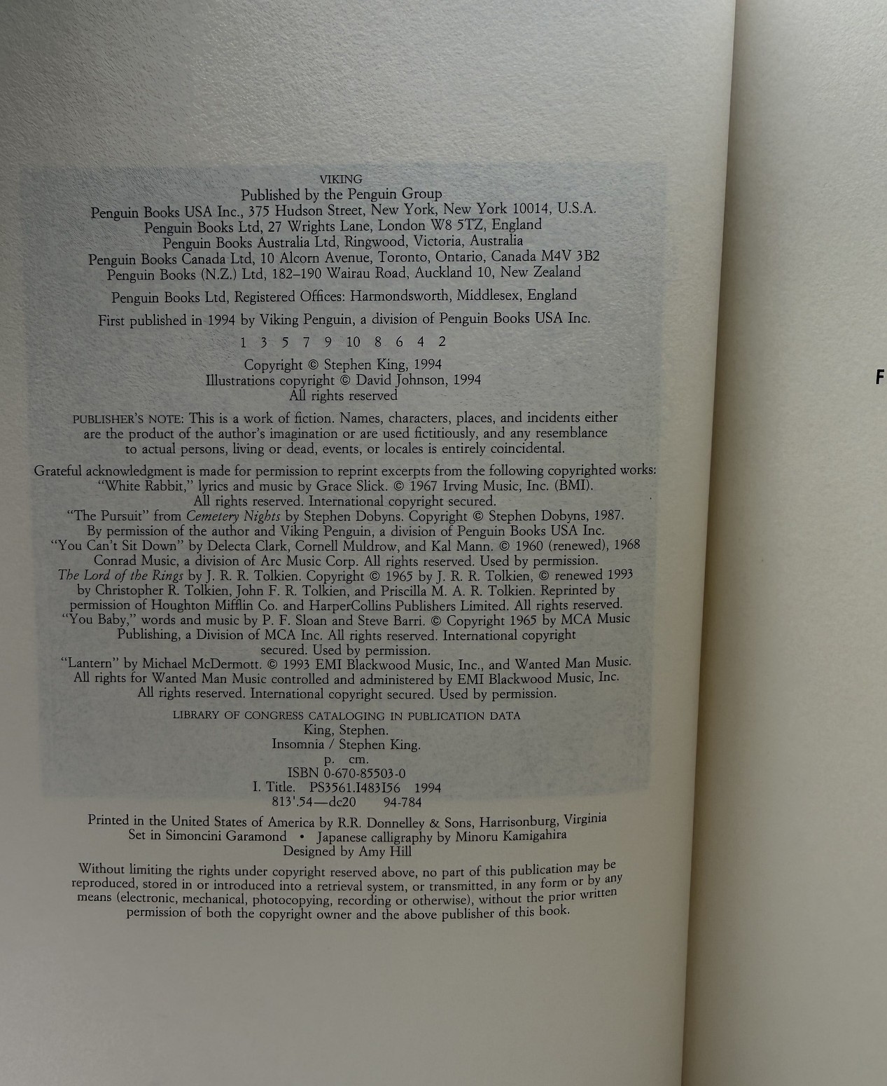 - Copyright: Insomnia Stephen King 1994 Viking first printing complete number line copyright page