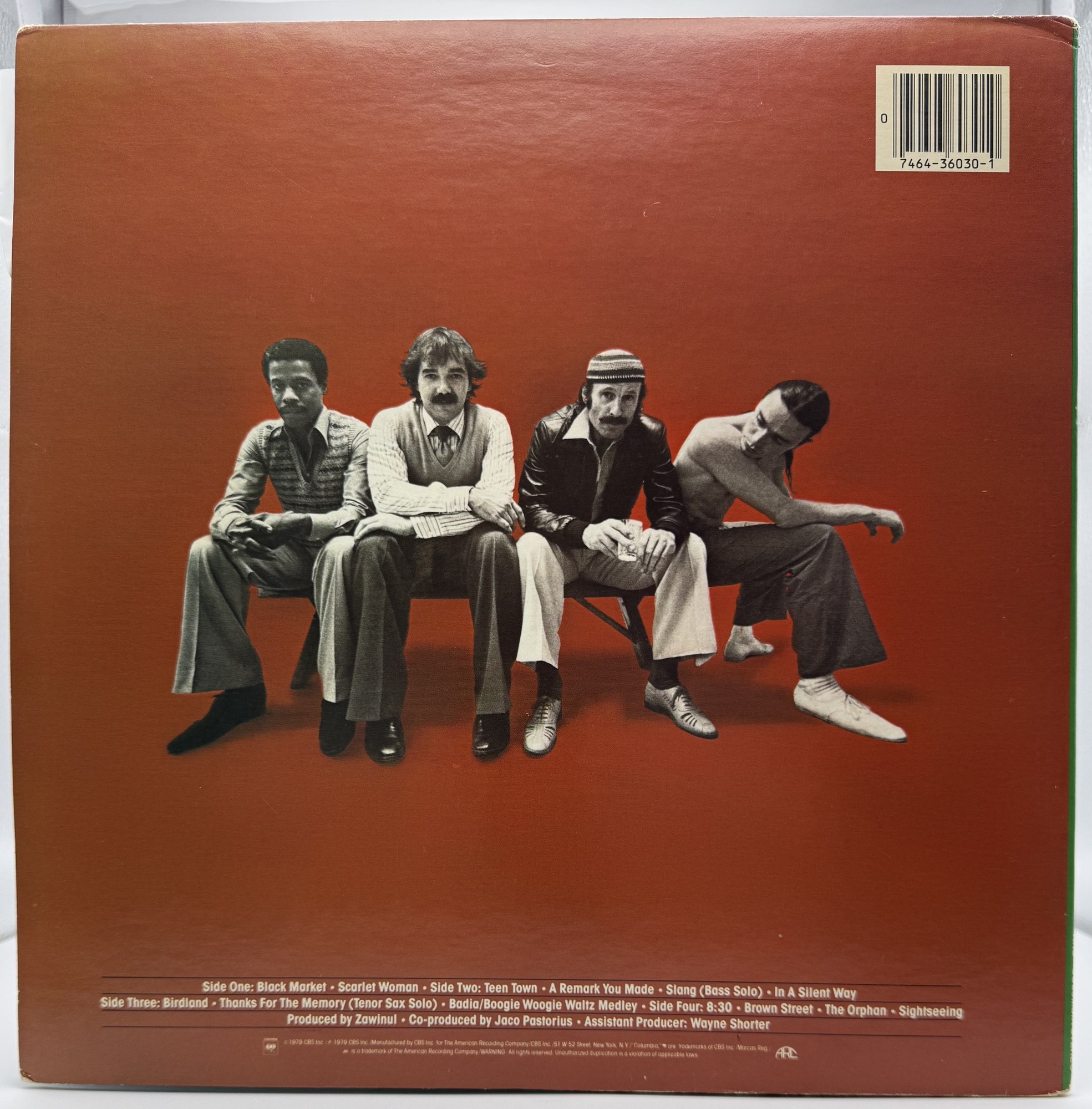 Weather Report 8:30 1979 vinyl back cover with band photograph and track listing