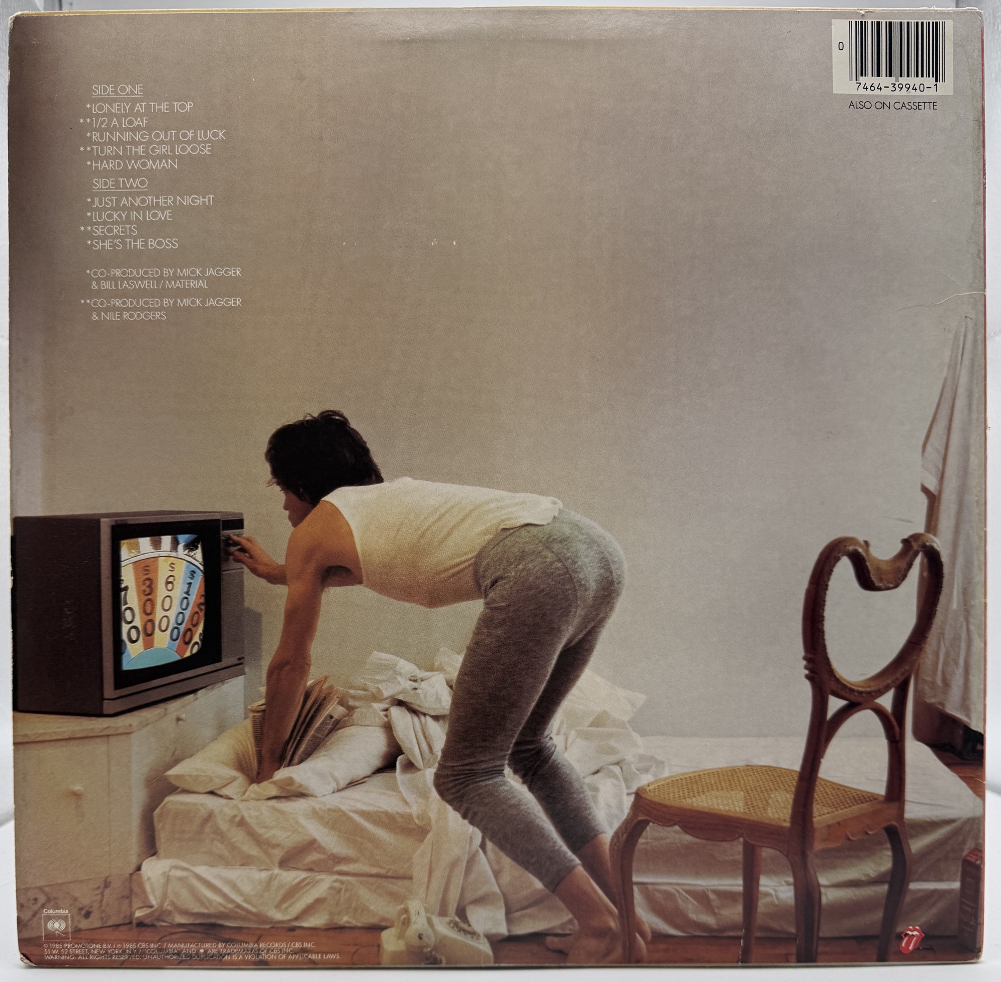 Mick Jagger She's the Boss 1985 vinyl LP back cover and track listing