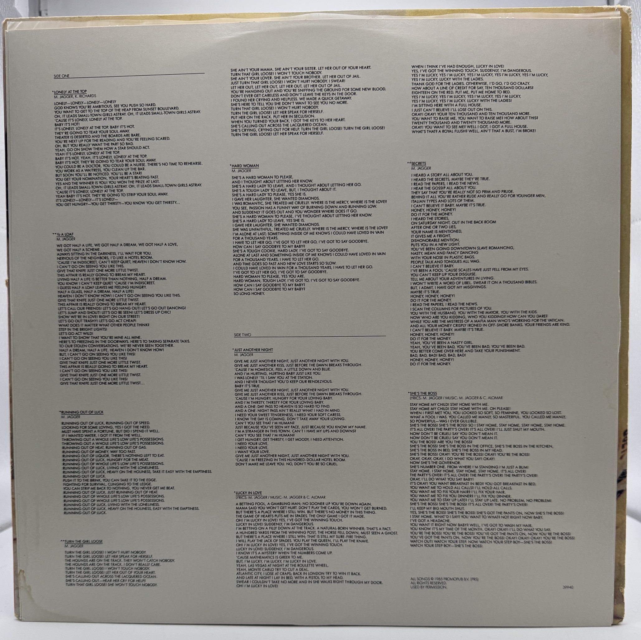 Mick Jagger She's the Boss original custom lyric inner sleeve