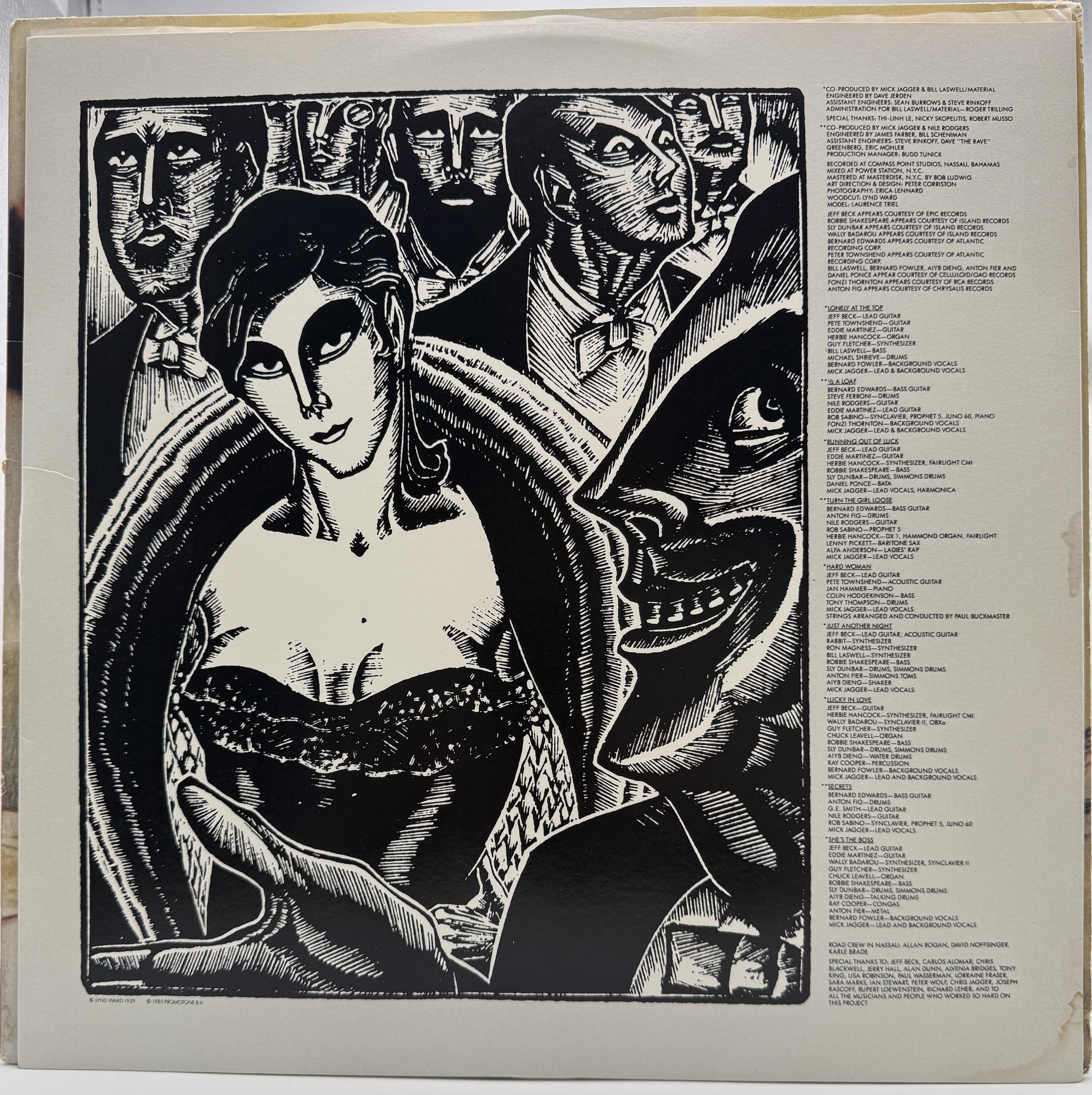 Mick Jagger She's the Boss original inner sleeve woodcut artwork and credits