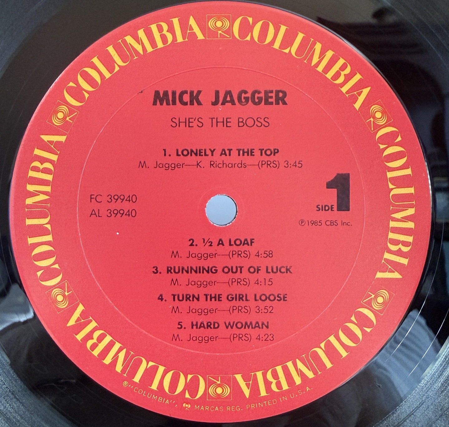 Mick Jagger She's the Boss Columbia FC 39940 side one vinyl label