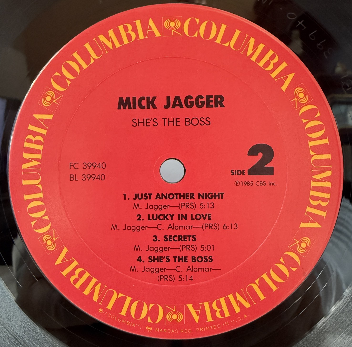 Mick Jagger She's the Boss Columbia FC 39940 side two vinyl label