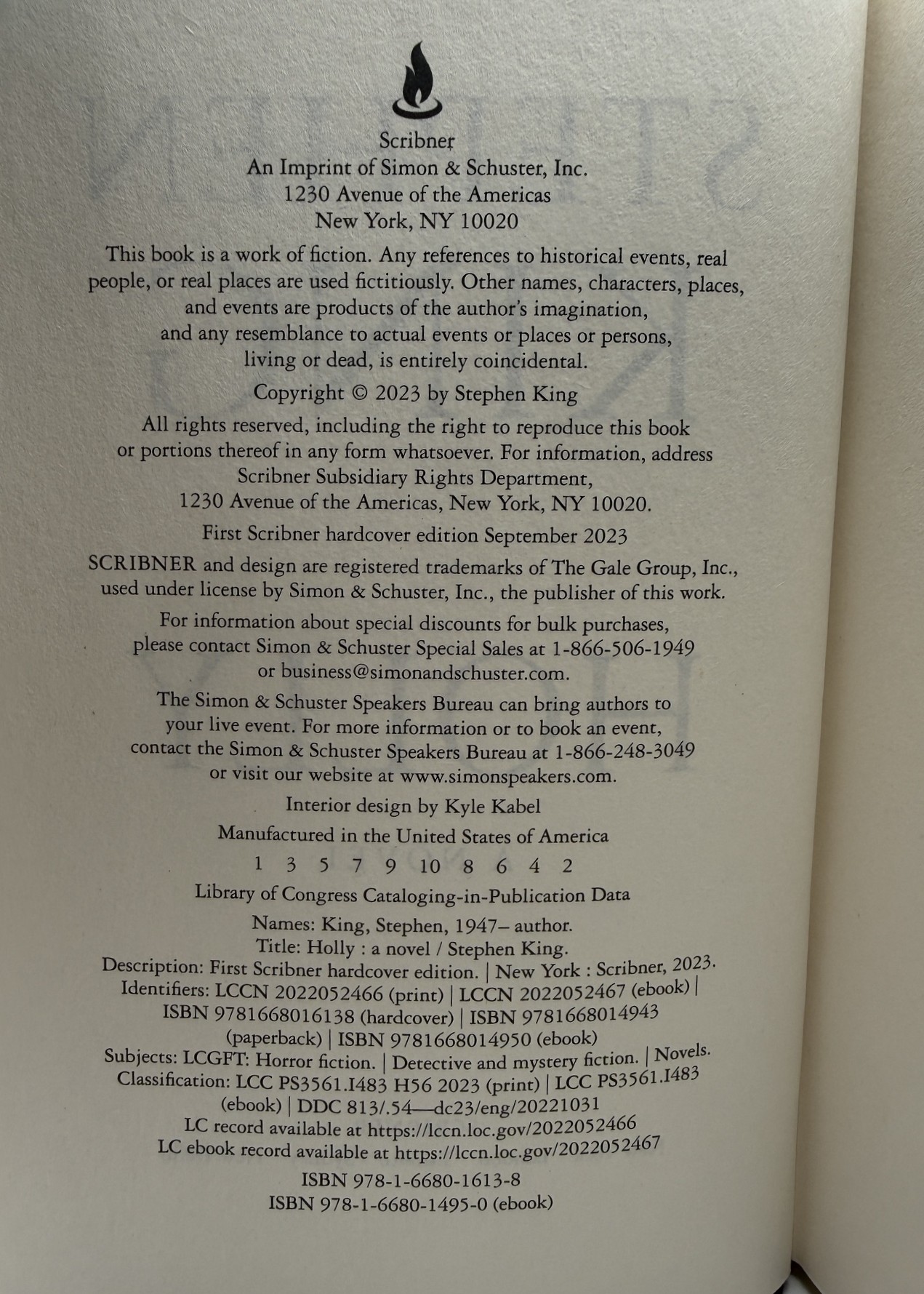 1. Stephen King Holly 2023 Scribner copyright page confirming first printing – Ruby's Reading Shelf