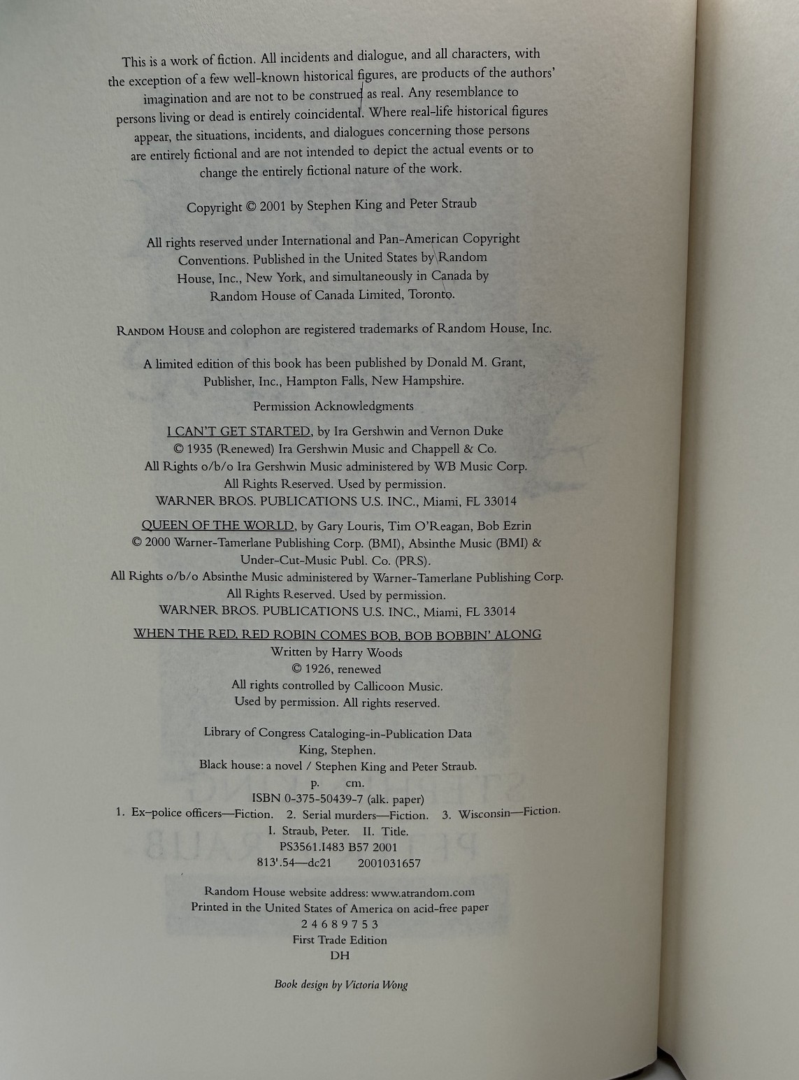 - Copyright: Black House 2001 First Edition First printing copyright page