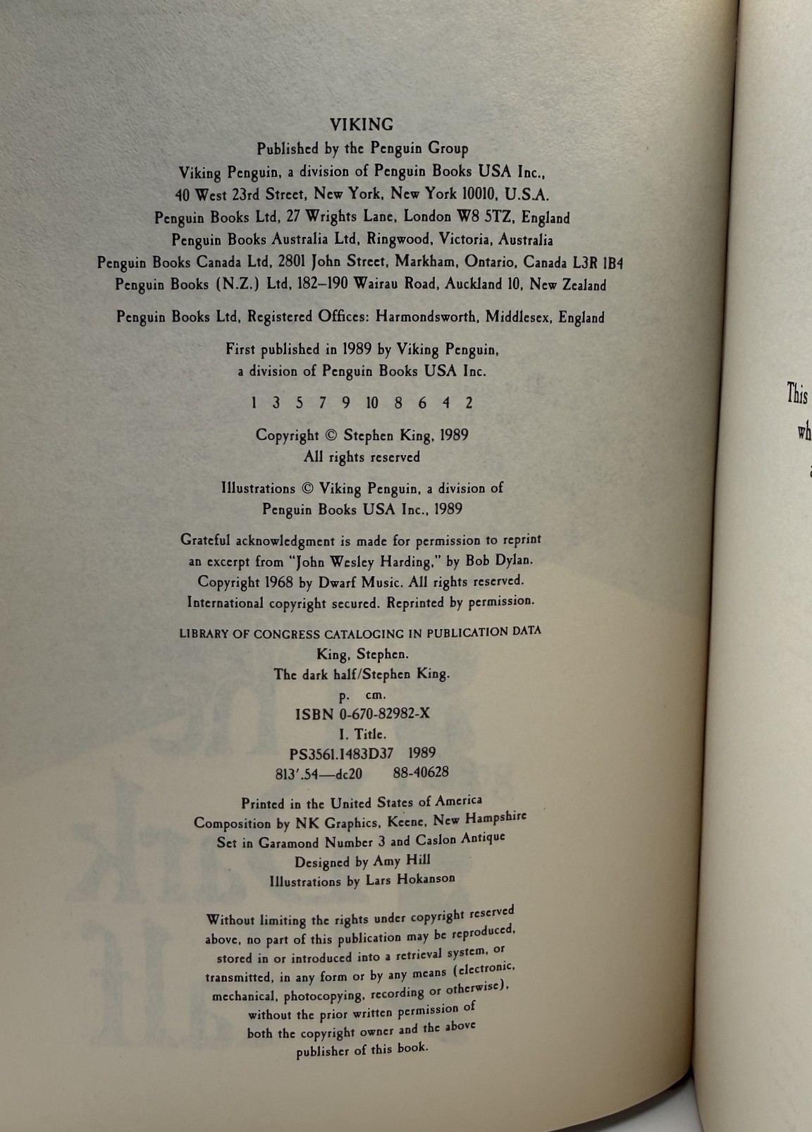 Stephen King The Dark Half First Edition 1989 Viking copyright page first printing number line