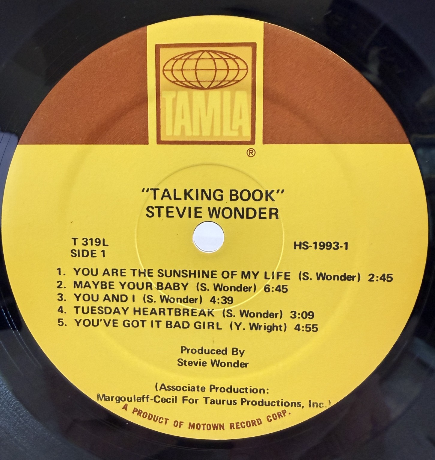 Stevie Wonder Talking Book Tamla T 319L Side One vinyl label